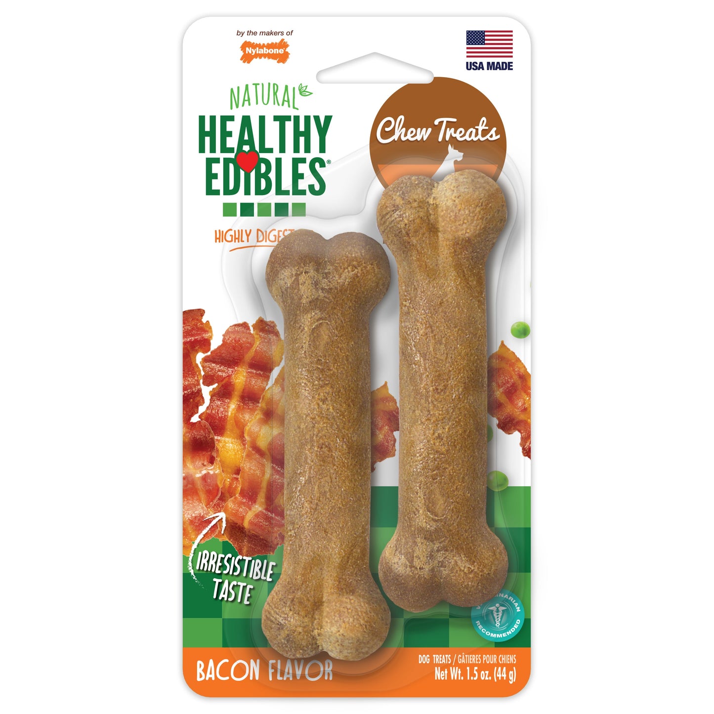 Nylabone Healthy Edibles AllNatural Long Lasting Bacon Chew Treats Bacon, XS/Petite Up To 15 Lbs. 2 ct