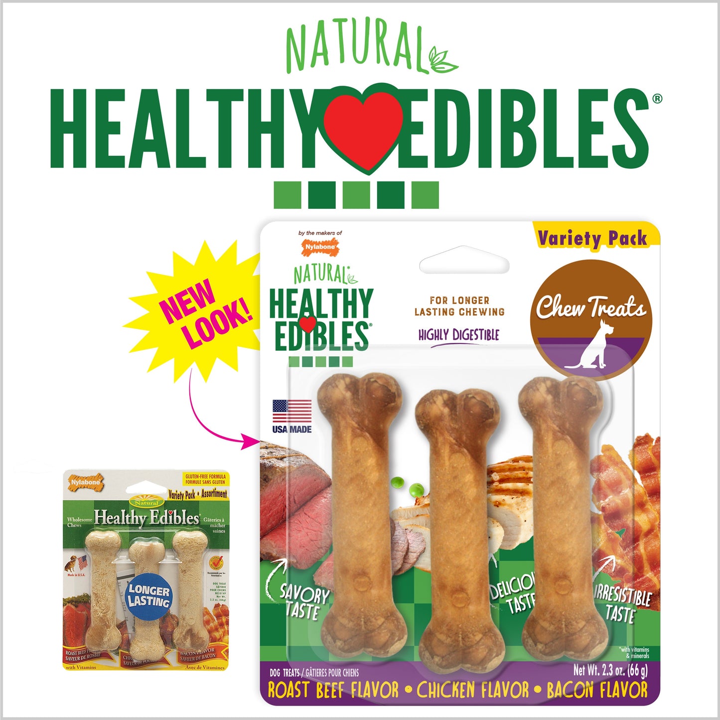 Nylabone Healthy Edibles AllNatural Long Lasting Chew Treats Variety Pack 3 count, Petite Up To 15 lb