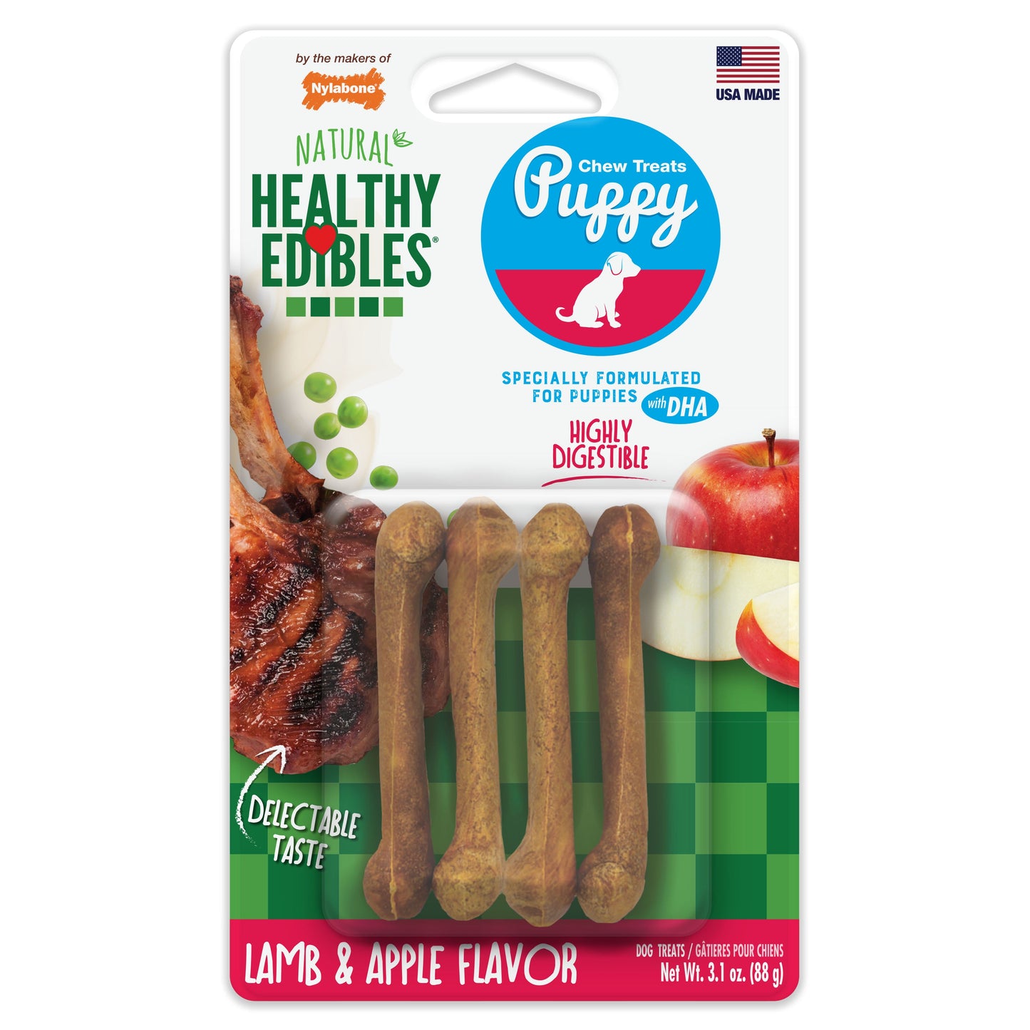Nylabone Healthy Edibles Puppy AnimalShaped Lamb Apple Dog Chew Treats Lamb Apple, XS/Petite Up To 15 Lbs. 4 ct