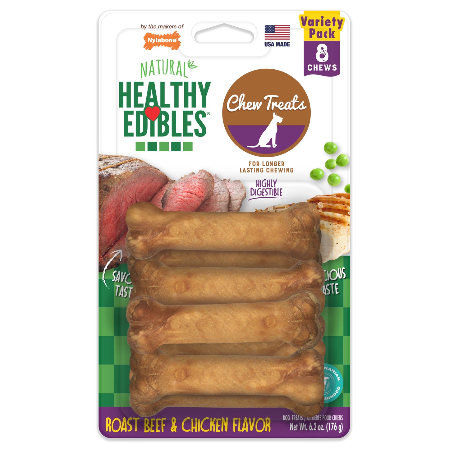 Nylabone Healthy Edibles AllNatural Long Lasting Roast Beef and Chicken Dog Chew Treats Roast Beef Chicken, XS/Petite Up To 15 Lbs. 8 ct