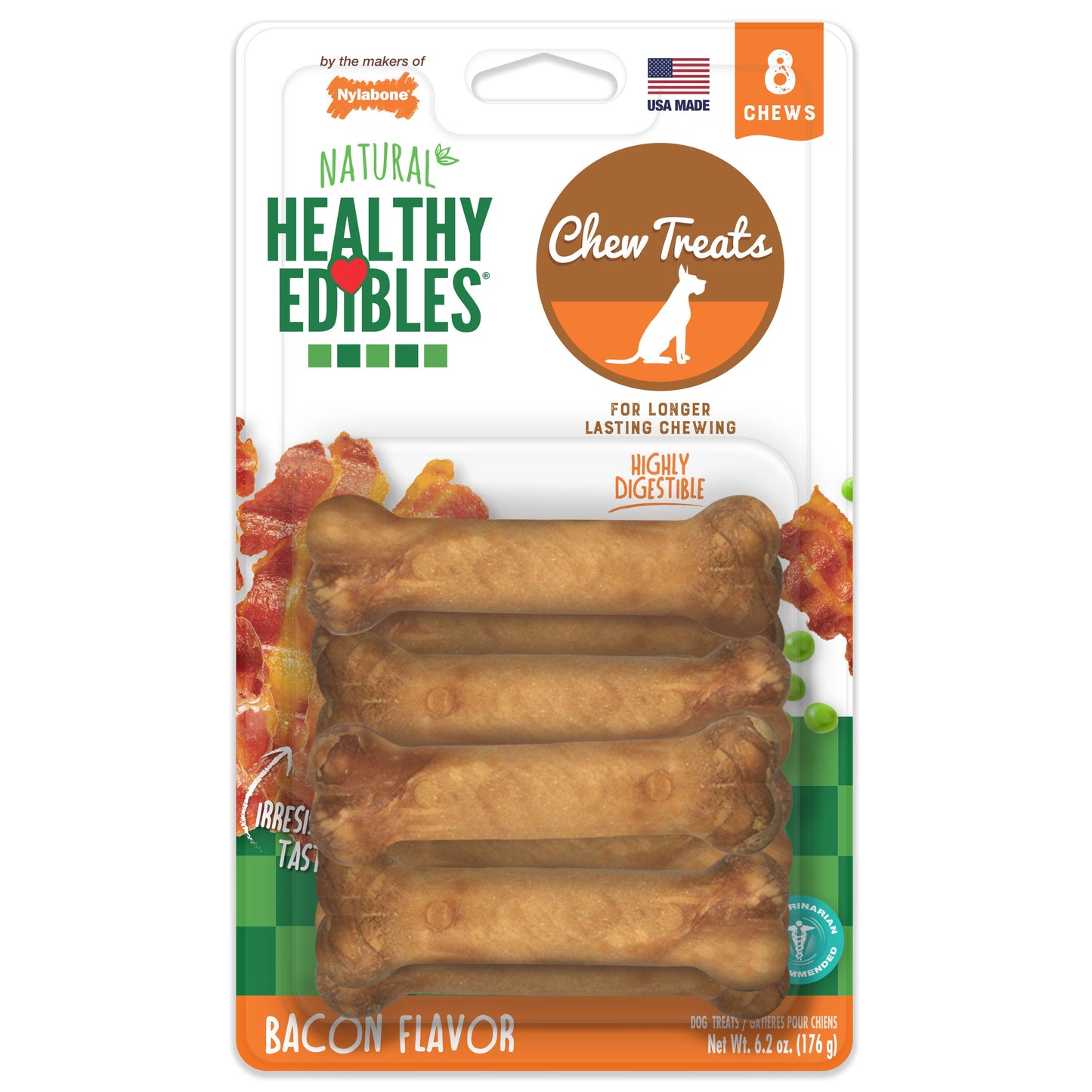 Nylabone Healthy Edibles AllNatural Long Lasting Bacon Chew Treats Bacon, XS/Petite Up To 15 Lbs. 8 ct