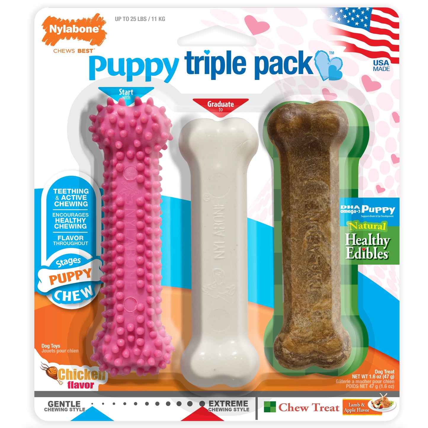 Nylabone Puppy Chew Variety Toy Treat Triple Pack Chicken Lamb Starter Kit, SMall/Regular Up To 25 Ibs.