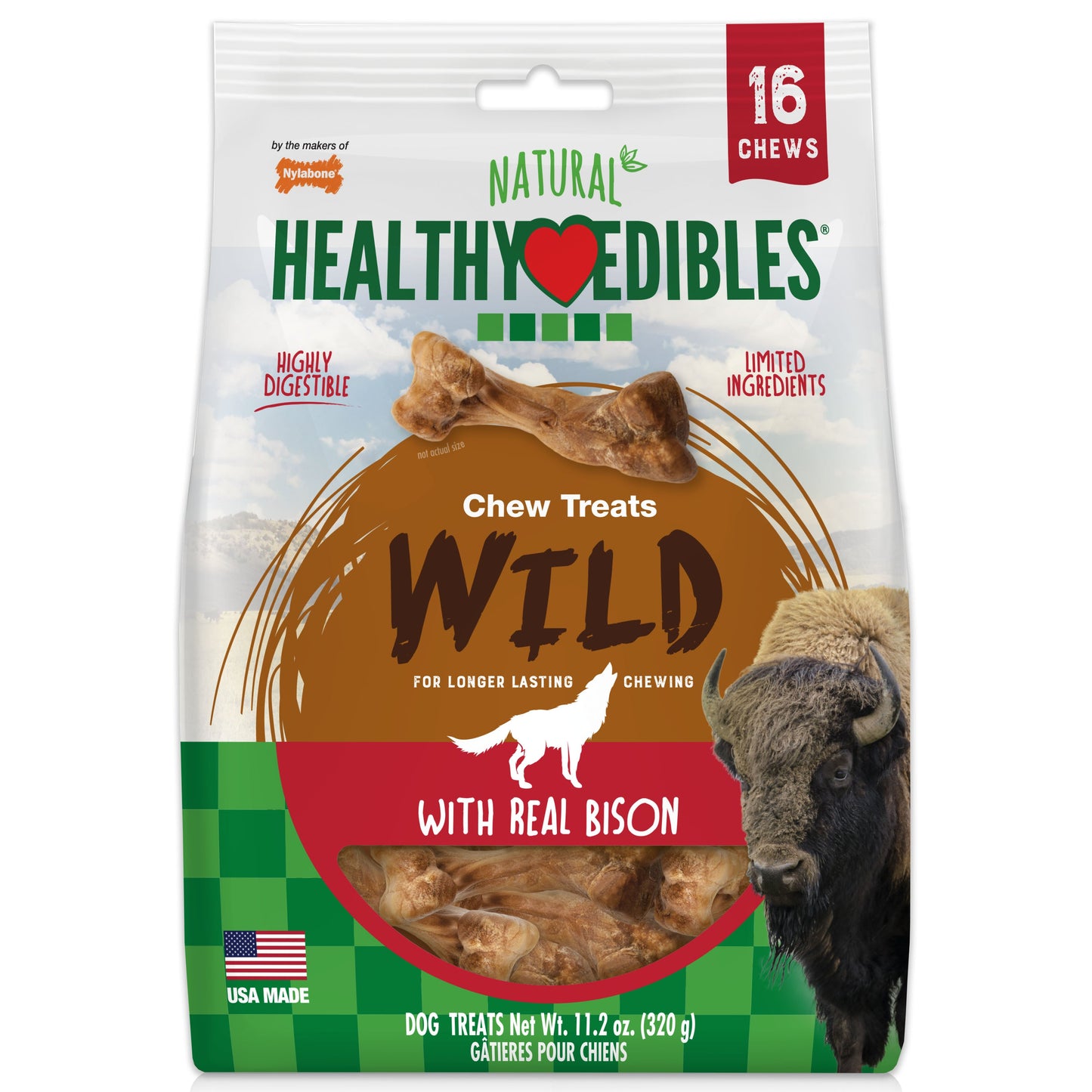 Nylabone Healthy Edibles WILD Natural Long Lasting Bison Dog Chew Treats Bison, SMall/Regular Up To 25 Ibs. 16 ct