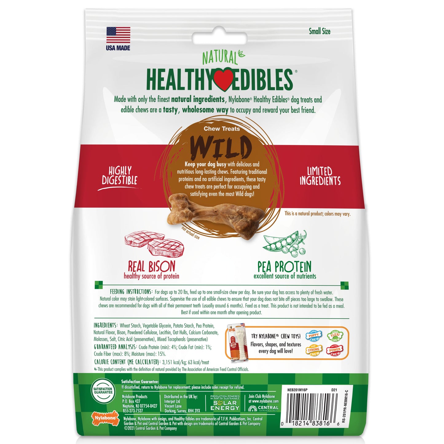 Nylabone Healthy Edibles WILD Natural Long Lasting Bison Dog Chew Treats Bison, SMall/Regular Up To 25 Ibs. 16 ct