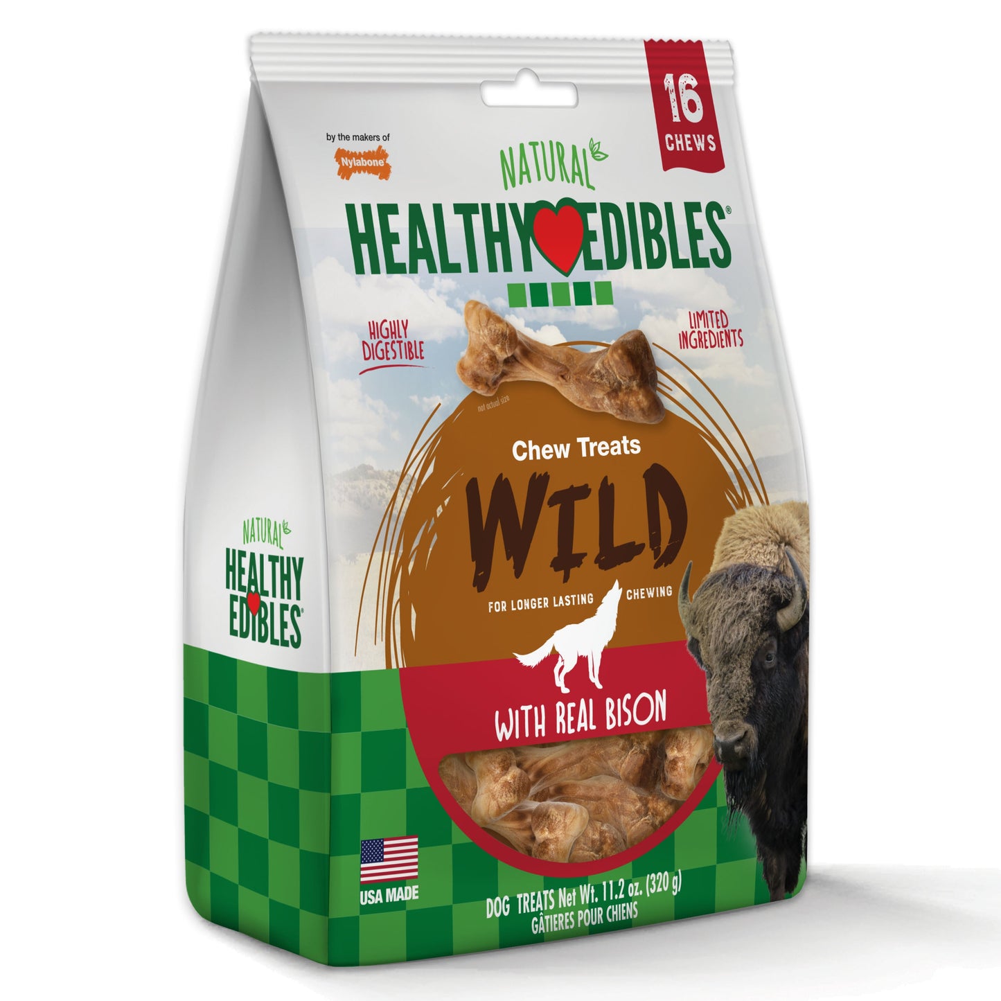 Nylabone Healthy Edibles WILD Natural Long Lasting Bison Dog Chew Treats Bison, SMall/Regular Up To 25 Ibs. 16 ct