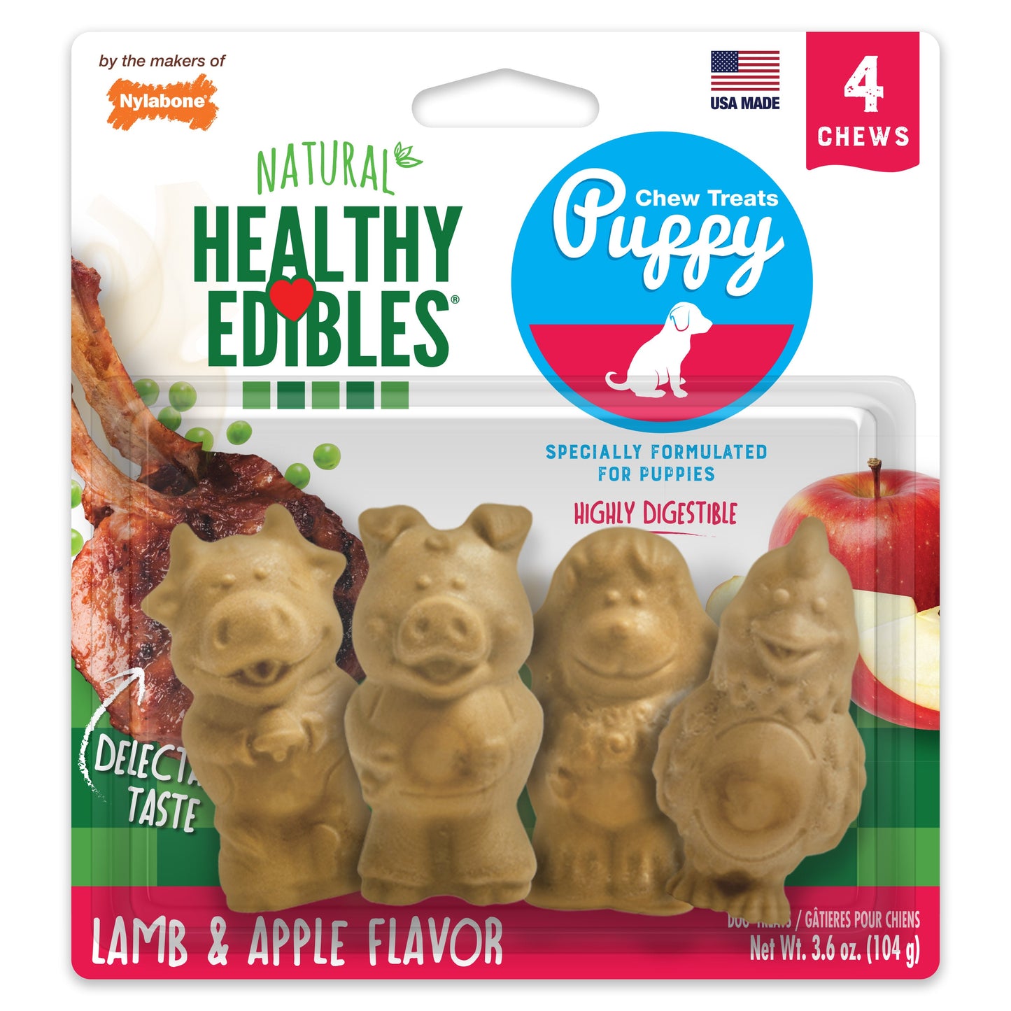 Nylabone Healthy Edibles Puppy AnimalShaped Lamb Apple Dog Chew Treats Lamb Apple, SMall/Regular Up To 25 Ibs. 4 ct