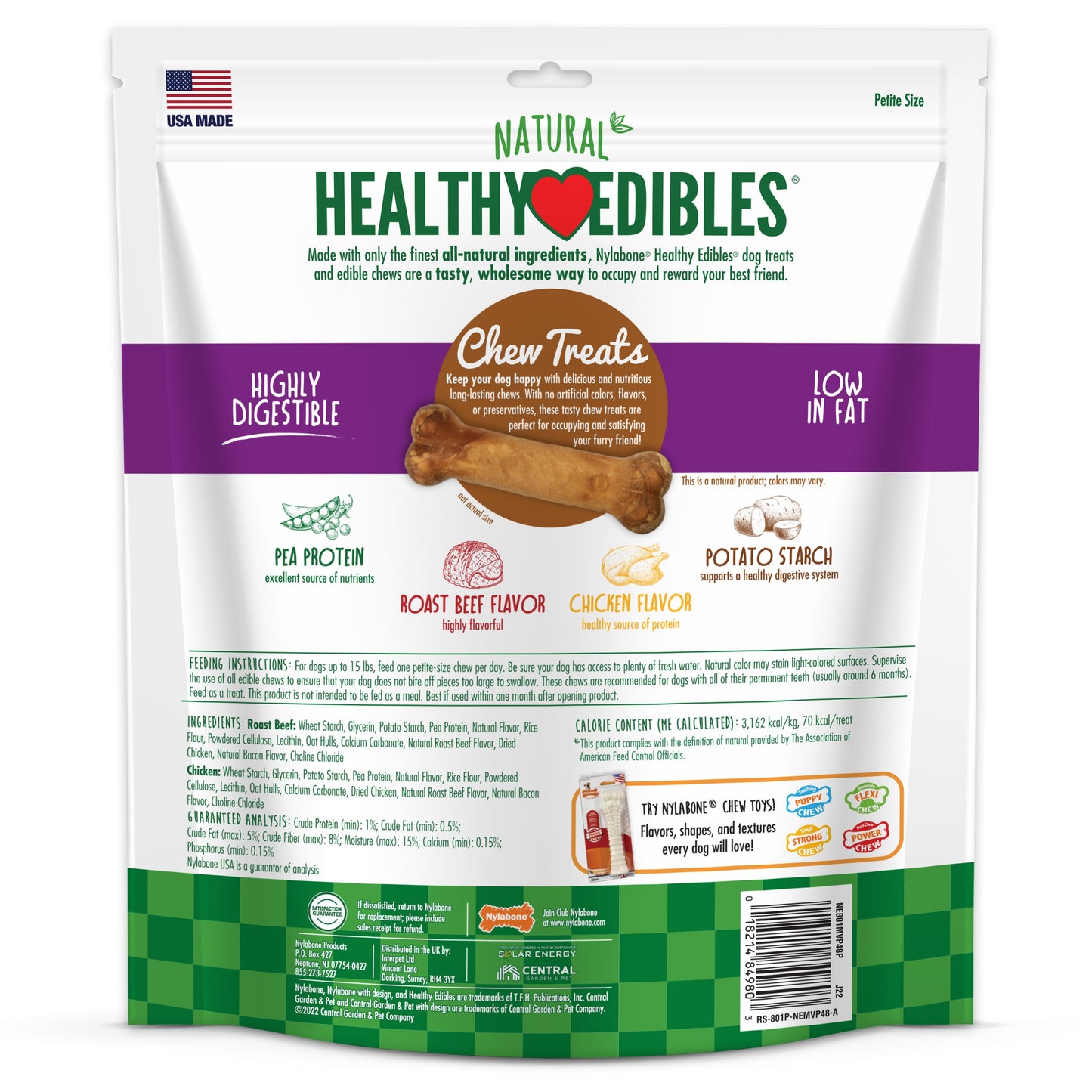 Nylabone Healthy Edibles AllNatural Long Lasting Roast Beef and Chicken Dog Chew Treats Roast Beef Chicken, XS/Petite Up To 15 Lbs. 48 ct