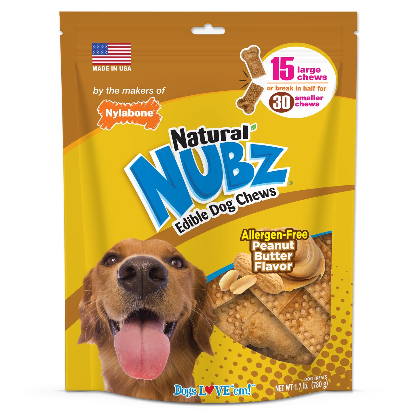 Nylabone Natural Nubz Dog Treats, AllergenFree Peanut Butter Peanut Butter, Large 30 Lbs. 15 ct