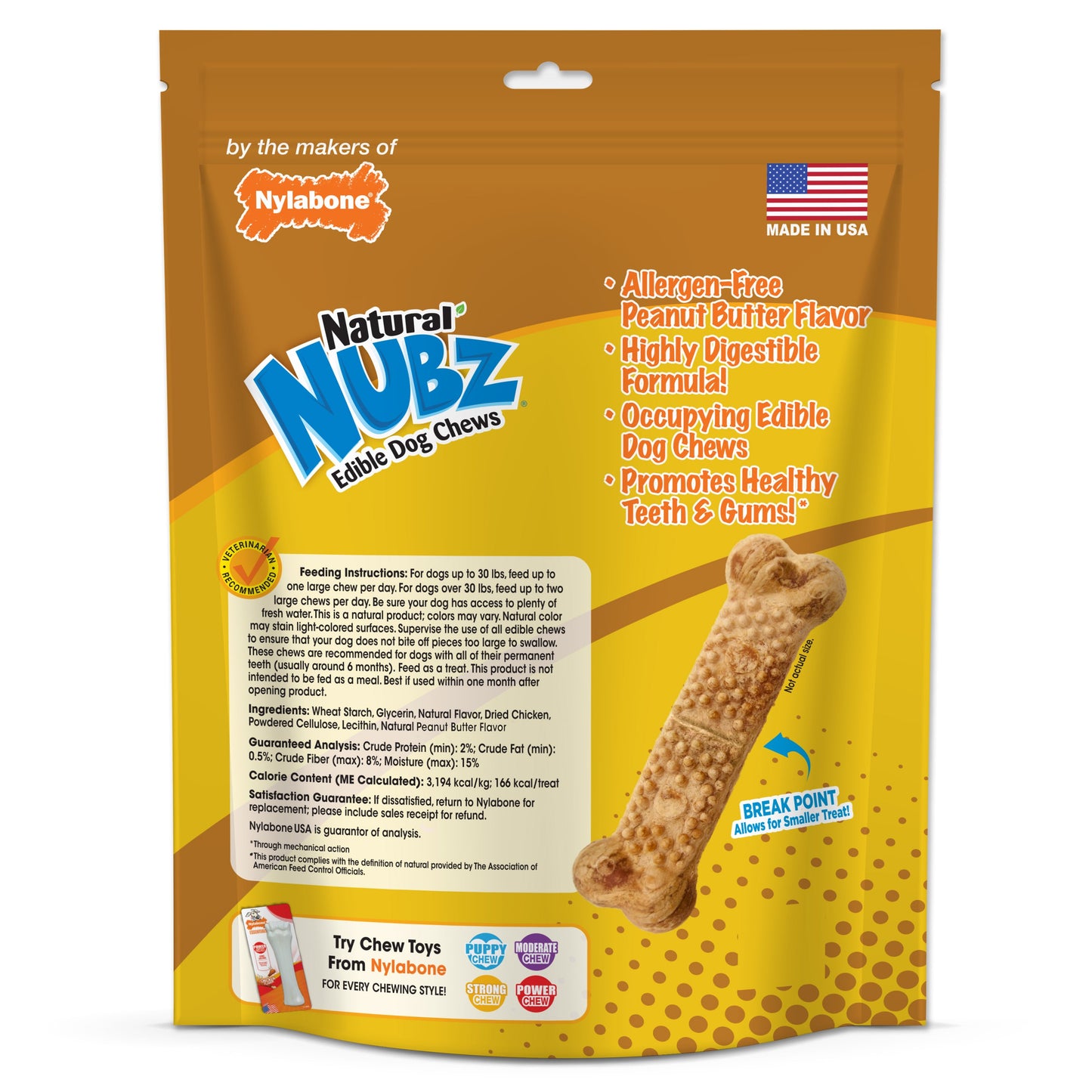 Nylabone Natural Nubz Dog Treats, AllergenFree Peanut Butter Peanut Butter, Large 30 Lbs. 15 ct