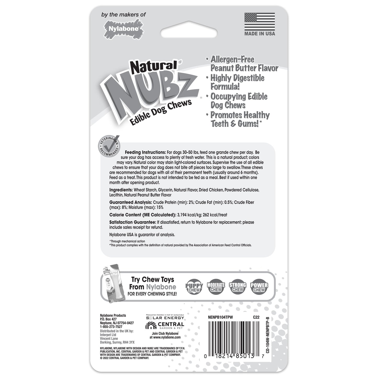 Nylabone Natural Nubz Dog Treats, AllergenFree Peanut Butter Peanut Butter, Jumbo Up To 50 Lbs. 2 ct