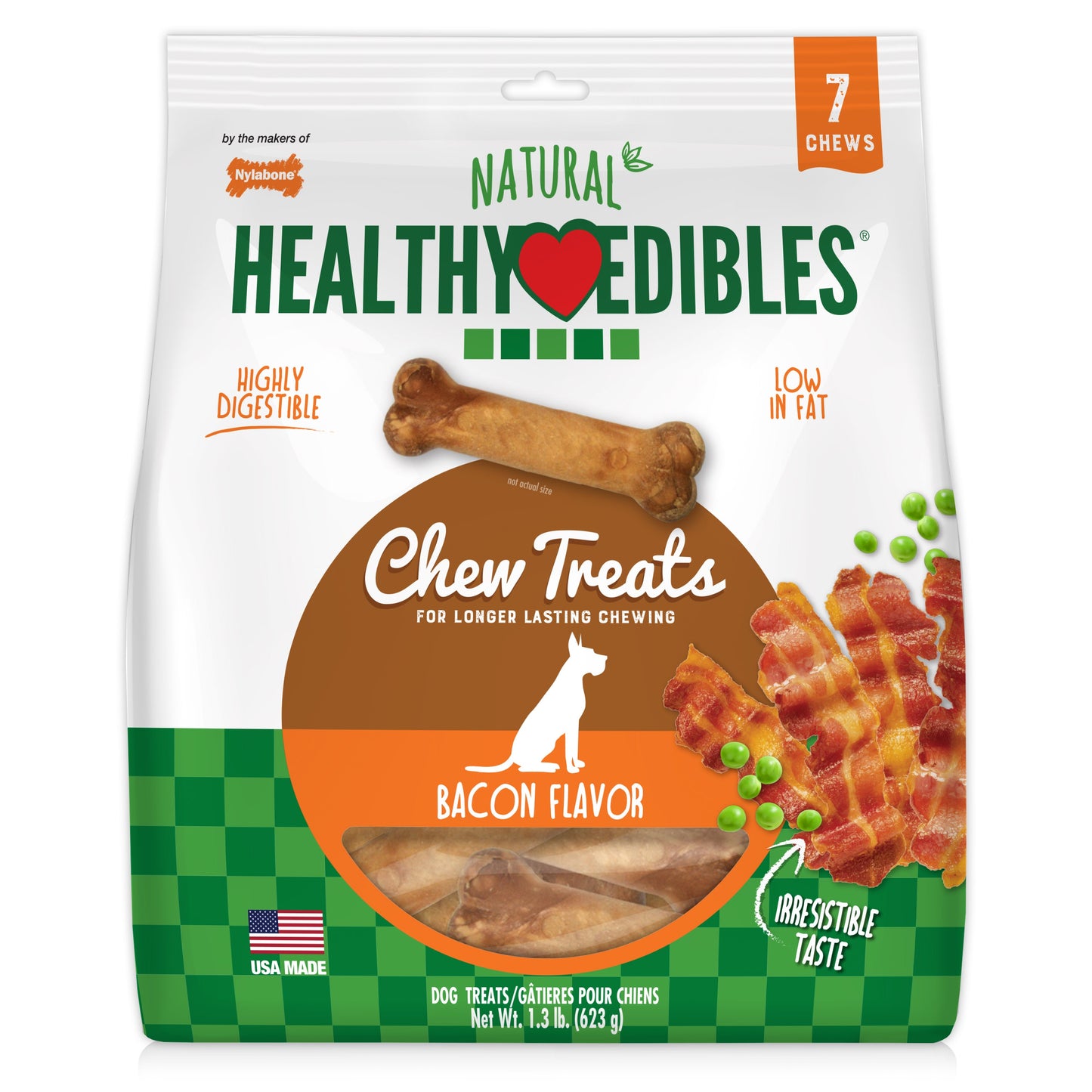 Nylabone Healthy Edibles AllNatural Long Lasting Bacon Chew Treats Bacon, Medium/Wolf Up To 35 Lbs. 7 ct