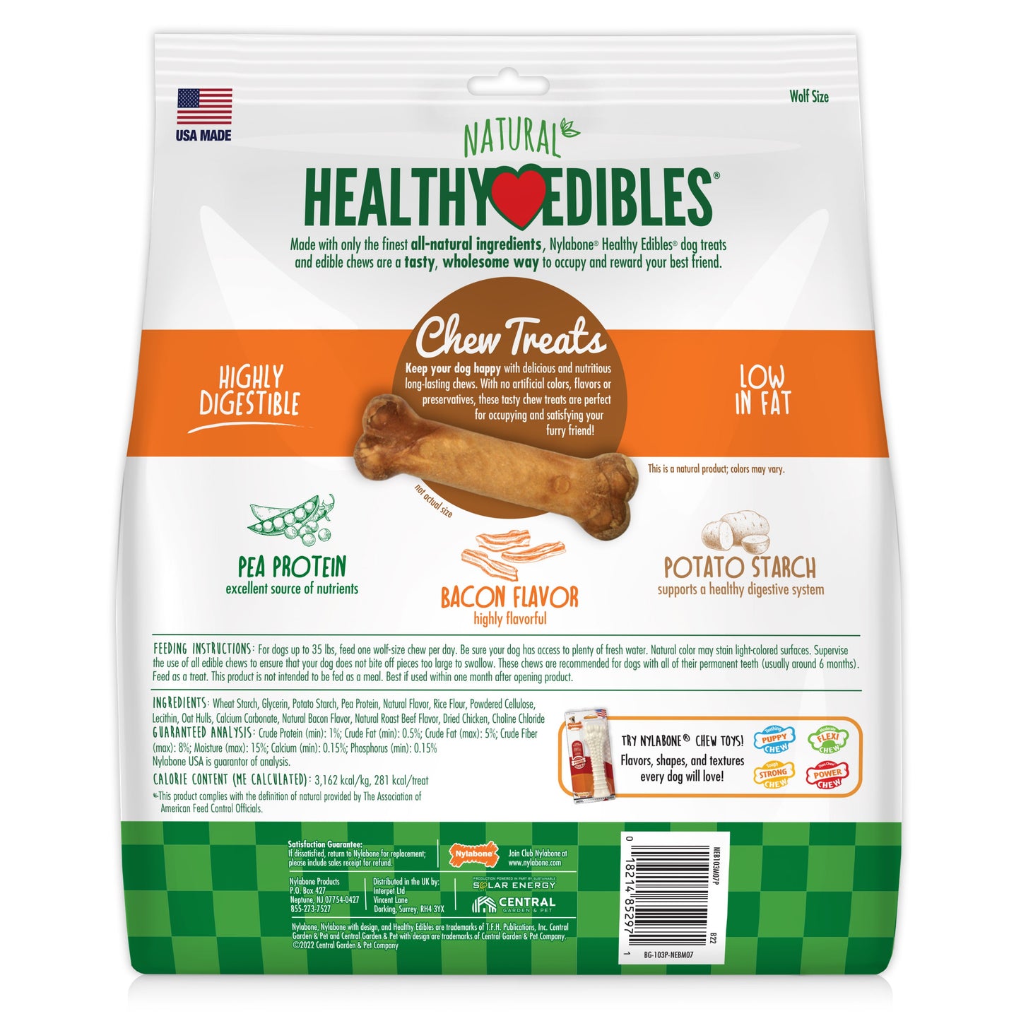 Nylabone Healthy Edibles AllNatural Long Lasting Bacon Chew Treats Bacon, Medium/Wolf Up To 35 Lbs. 7 ct