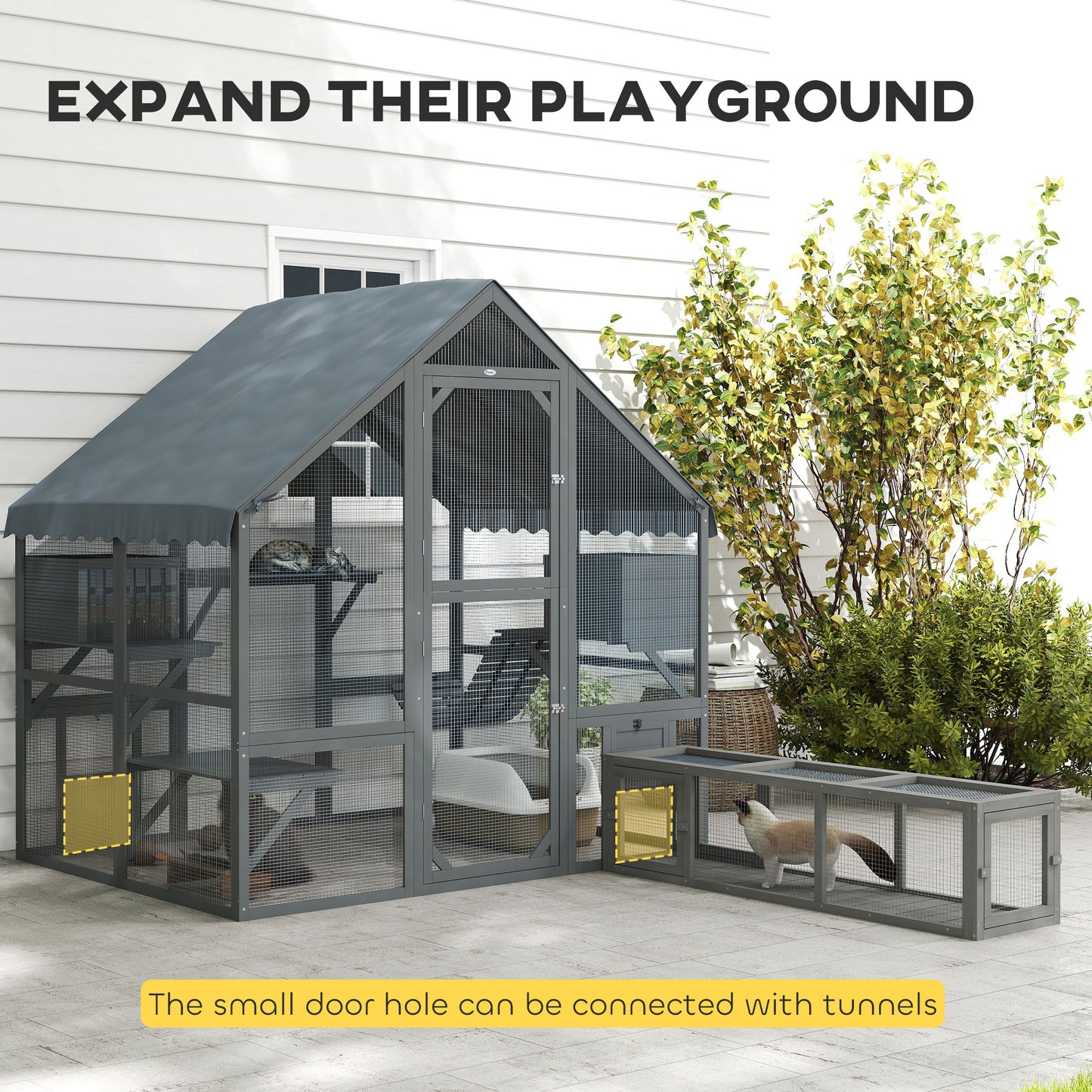 PawHut Wooden Catio Outdoor Cat Enclosure with Waterproof Cover, 2 Condos, 4 Platforms, Bridge, Doors, Gray