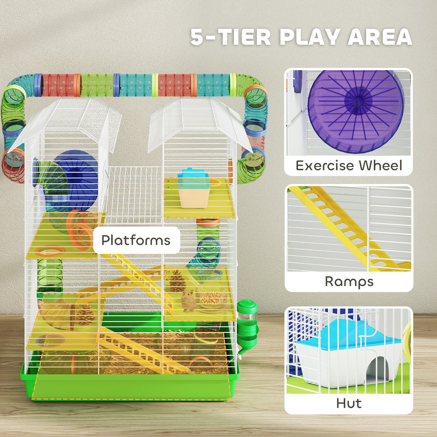 Pawhut 18" 5-Tier Hamster Cage with Tubes & Tunnels, Exercise Wheel, Orange