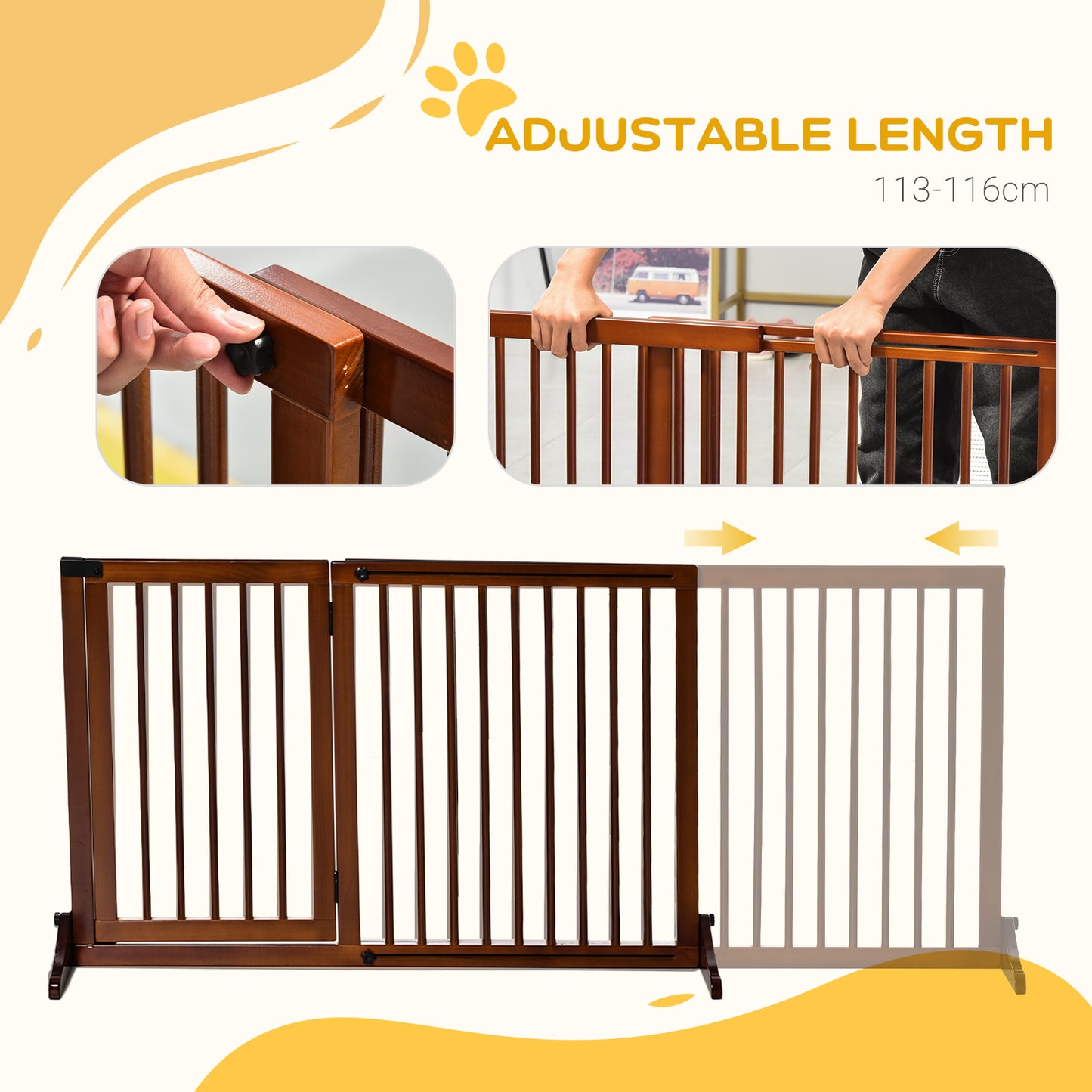 PawHut Freestanding Length Adjustable Wooden Pet Gate with Lockable Door 3 Panels, Brown