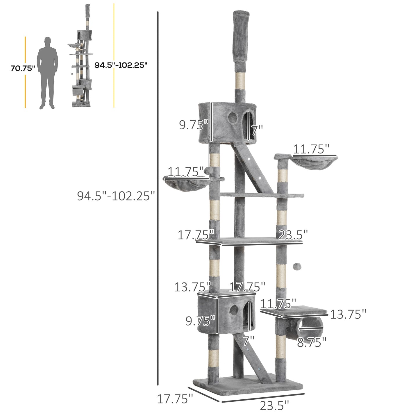 PawHut Floor to Ceiling Cat Tree, 94.5-102.5 inch Height Adjustable Cat Climbing Tower with Scratching Posts, Condos, Hammocks
