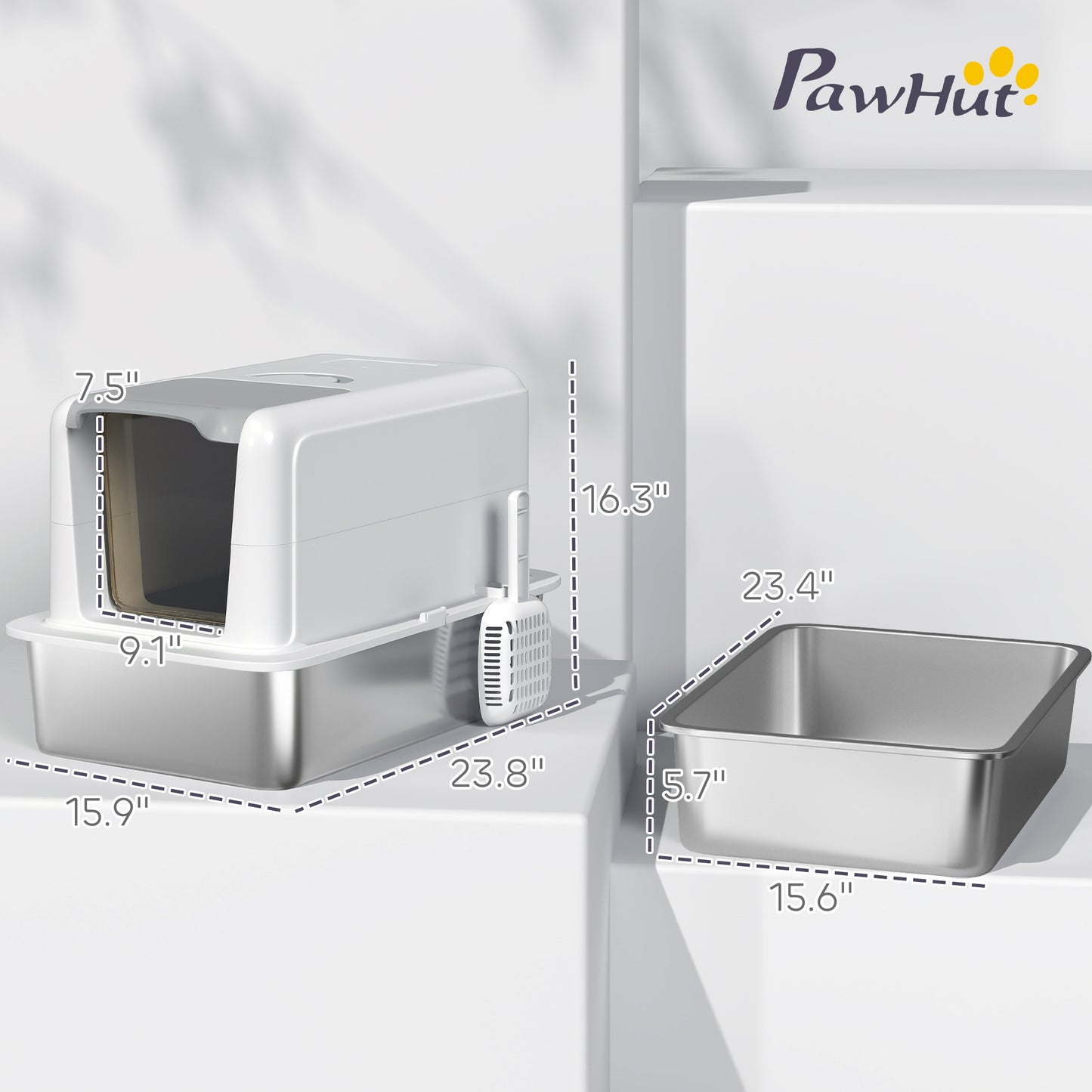 PawHut 2 in 1 Stainless Steel Cat Litter Box with Removable Lid, Scoop, Filter Bags, for Small to Large Cats, White