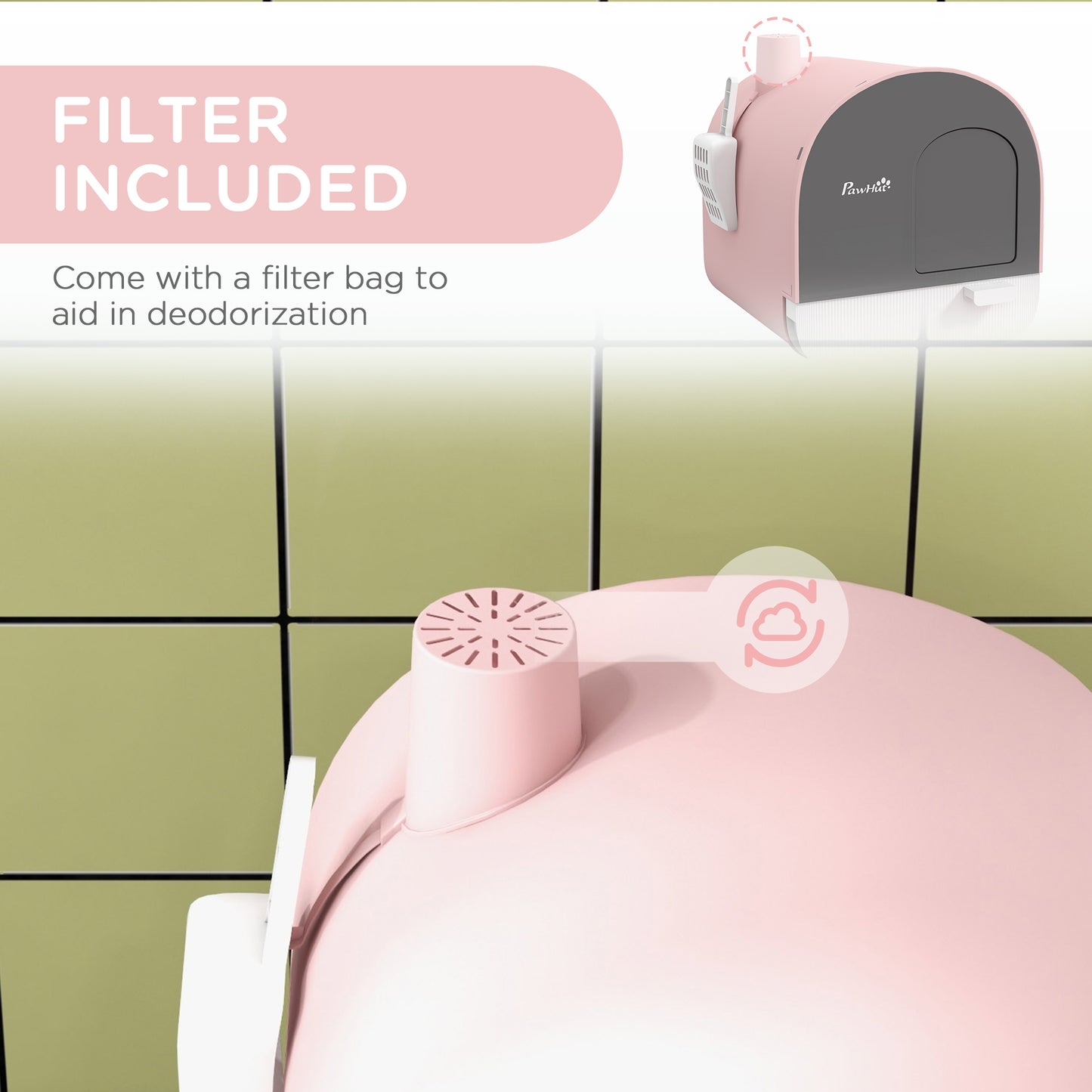 PawHut Cat Litter Box with Lid with Scoop and Filter, Pink
