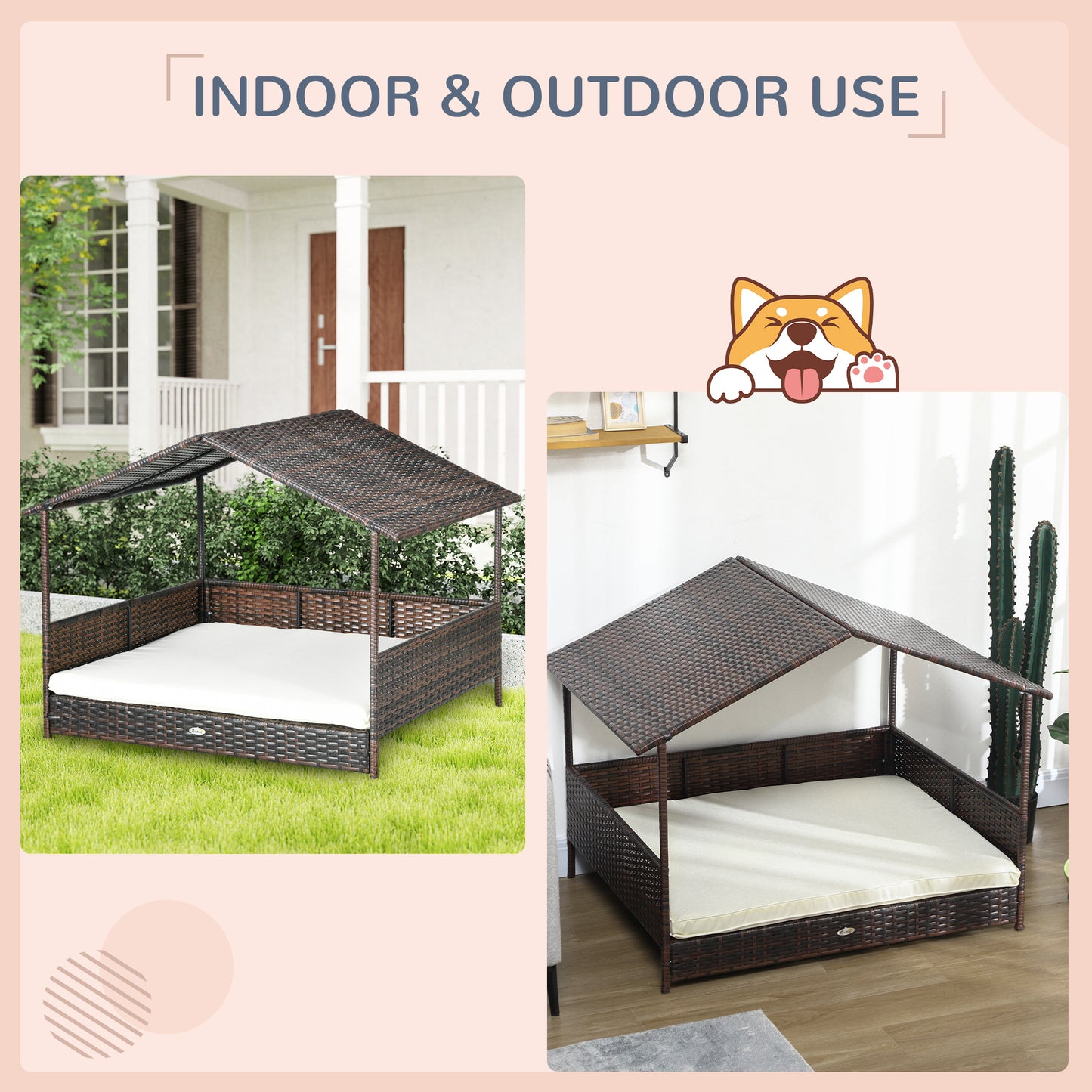 PawHut Outdoor Dog Bed with Canopy, Rattan Dog Bed with Soft Cushion Removable Cover for Medium and Large Dogs, Cream White