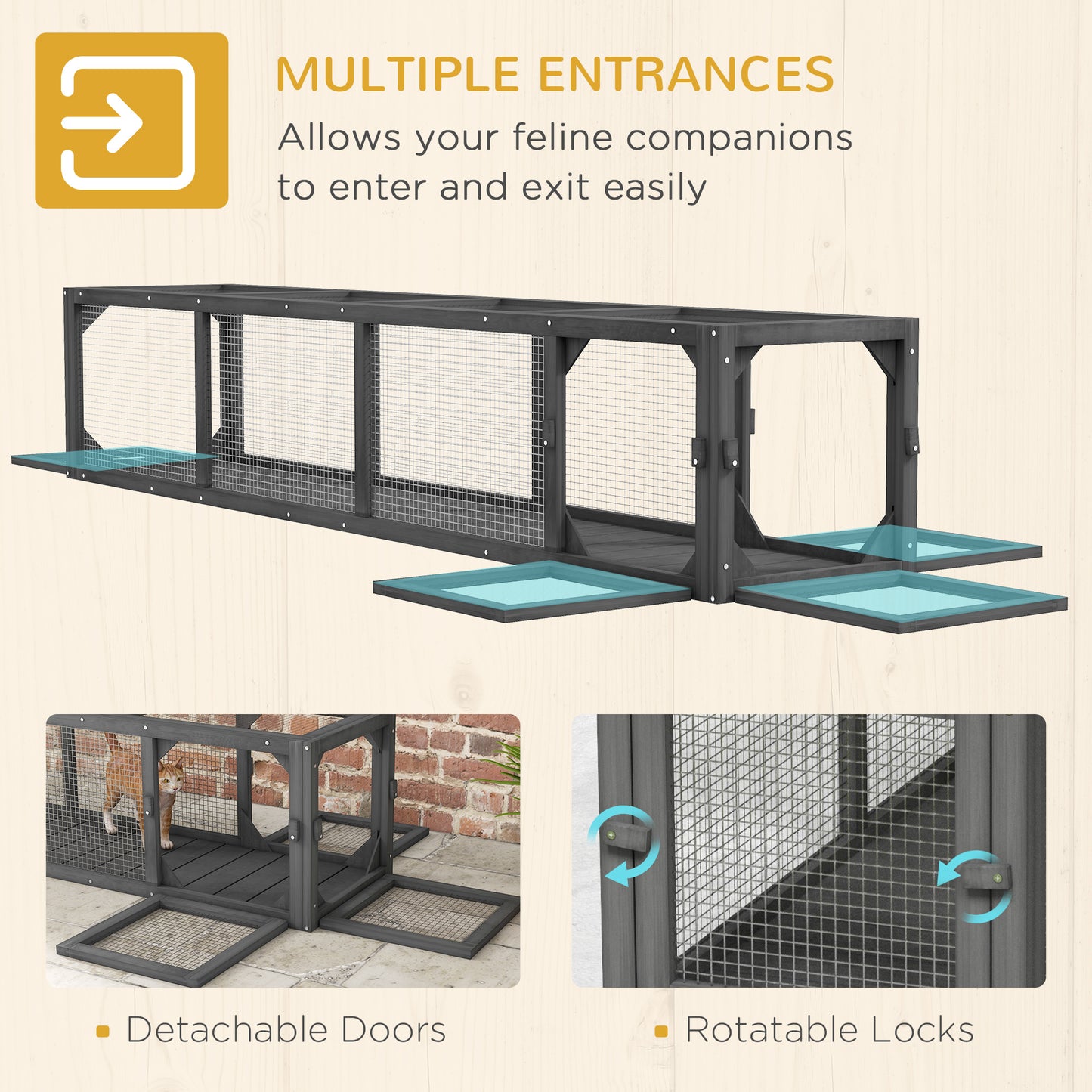 PawHut Wooden Cat Run with Weather Protection, Connecting Inside and Outside, 79"L x 15"W x 15"H, Dark Gray