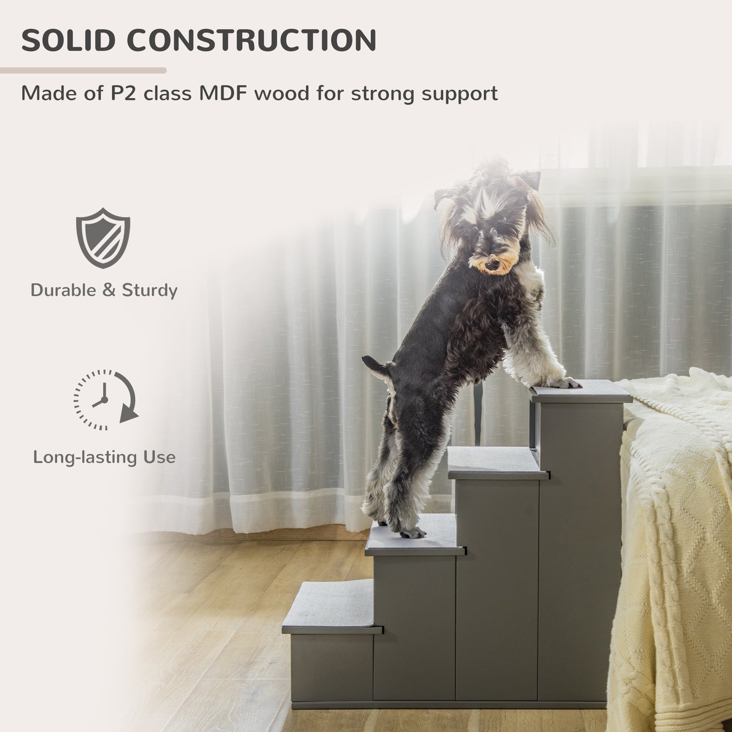 PawHut Pet Stairs, Small Dog Steps for Couch Bed with Cushioned Removable Covering, 15.75" x 23.25" x 21.25", Grey