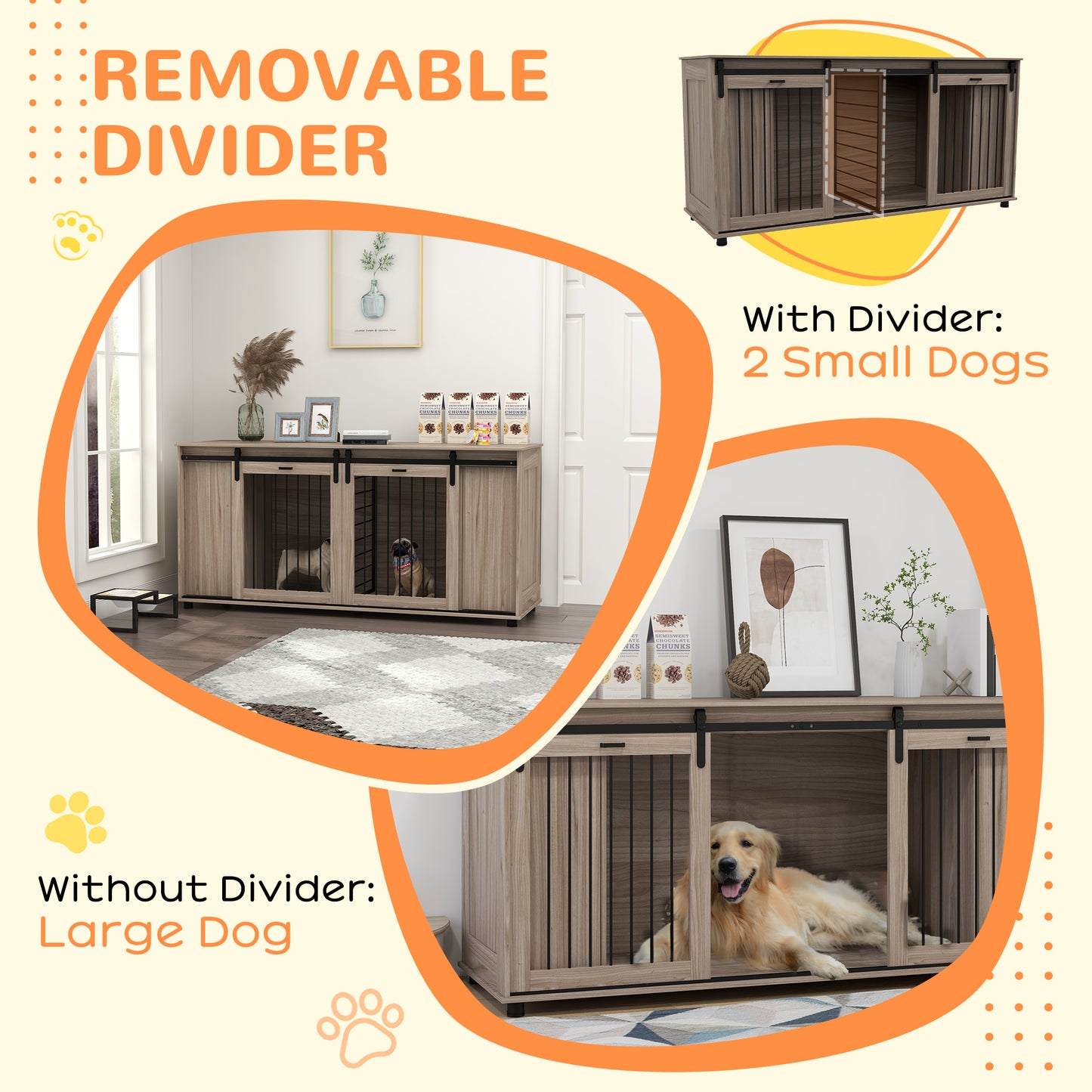 PawHut 71" Modern Dog Kennel Furniture with Removable Divider, Storage for 2 Small Dogs or 1 Large Dog, Walnut