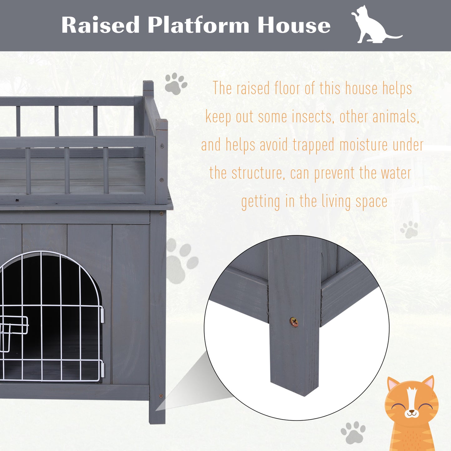 PawHut 2-Level Wooden Cat House, Outdoor Dog Shelter Cat Condo with Lockable Wire Door and Balcony, Gray