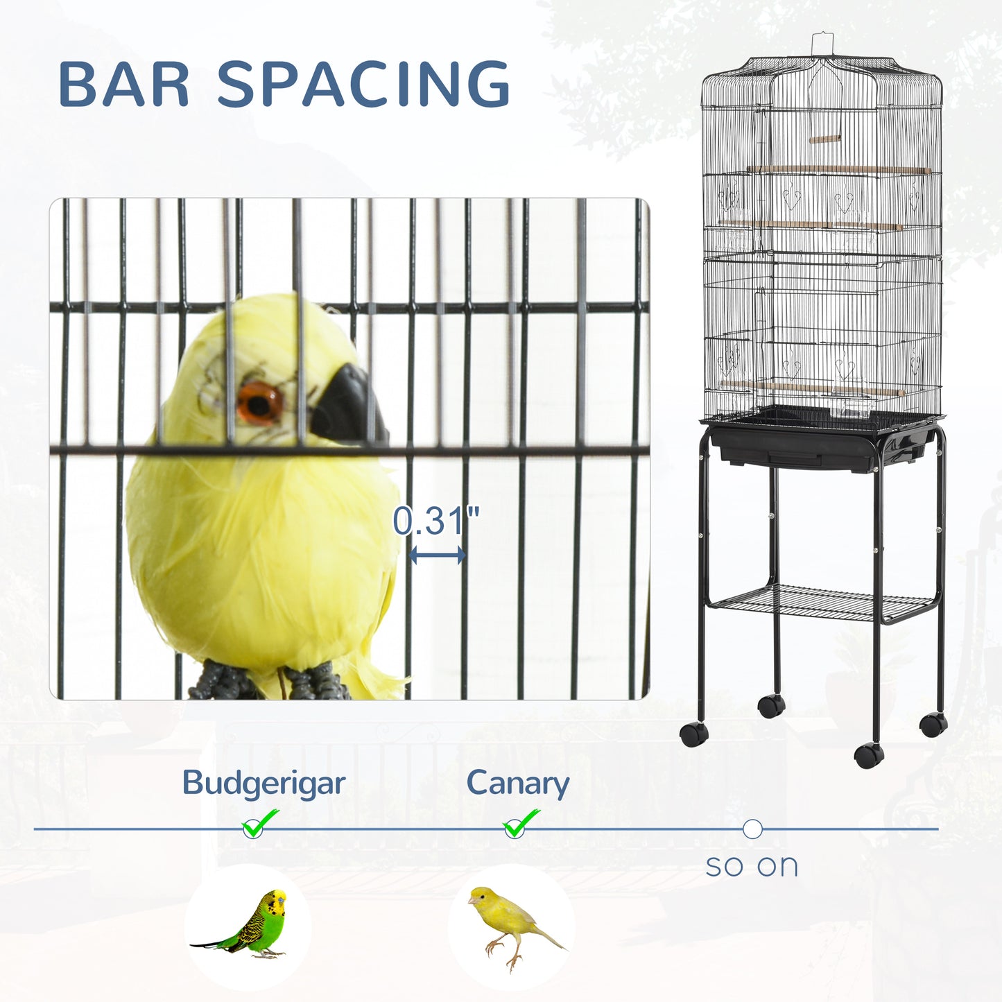 PawHut 60" Metal Indoor Bird Cage Starter Kit with Detachable Rolling Stand, Storage Basket, and Accessories, Black