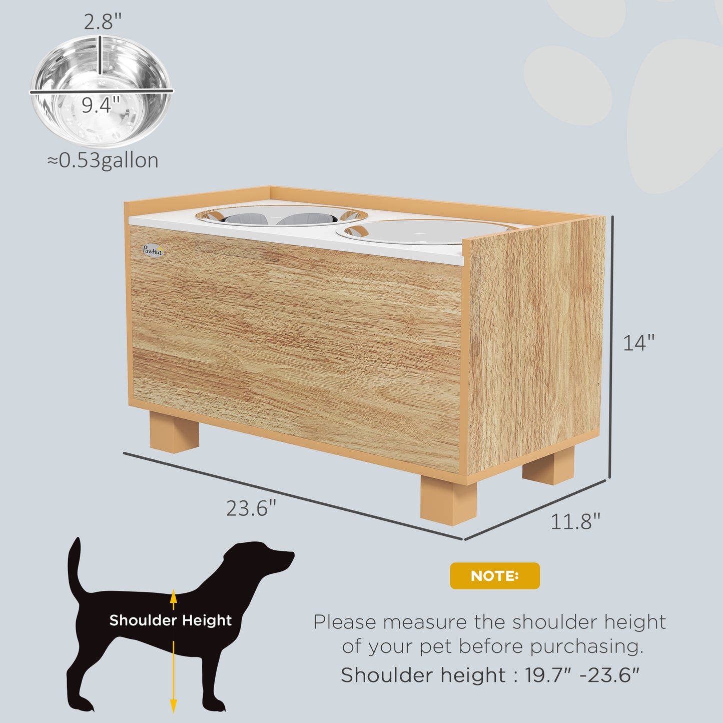 PawHut Elevated Dog Bowls with Slow Feeder Dog Bowl, Stainless Steel Food Water Bowl, Storage for Large Sized Dog, Oak