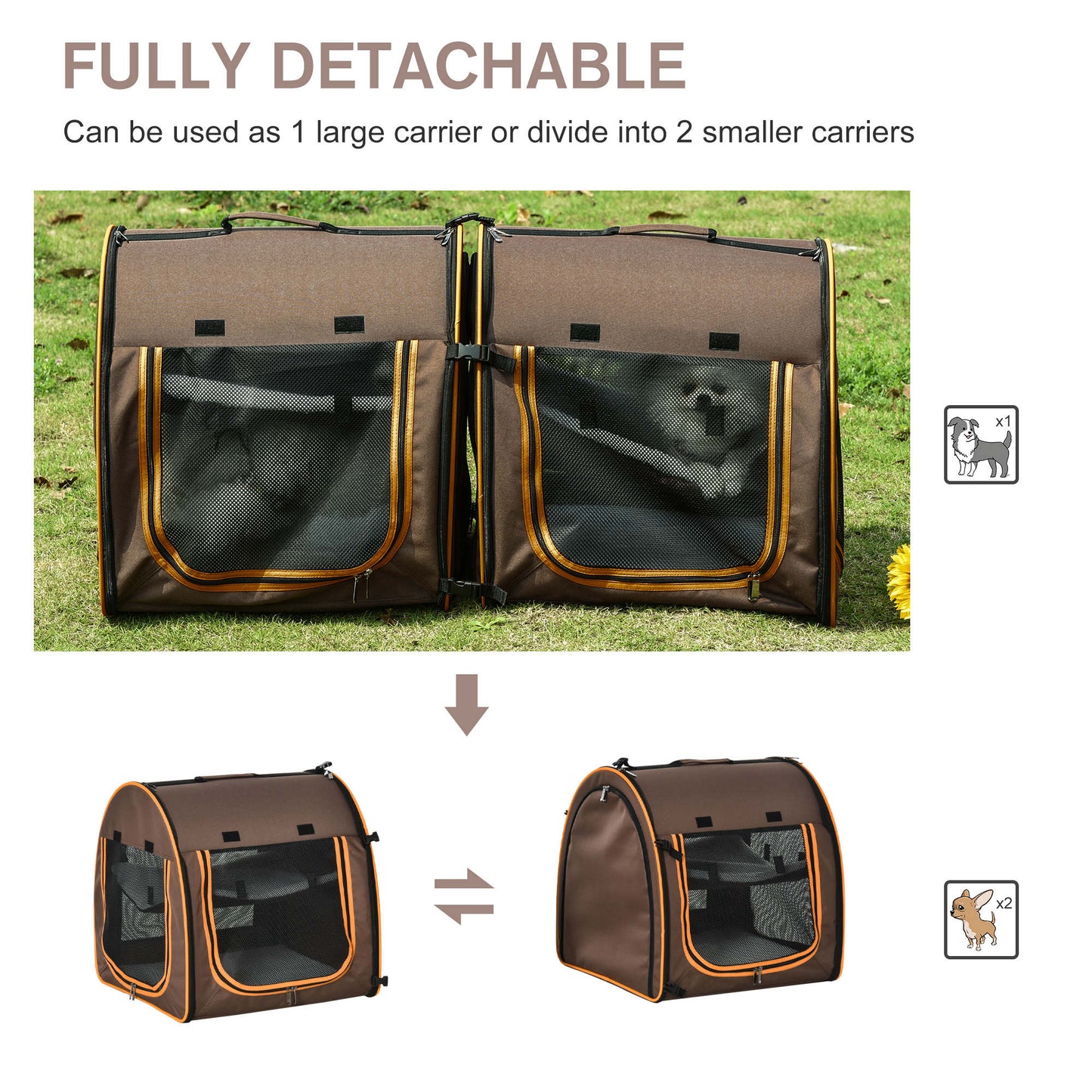 PawHut 39" Portable Soft-Sided Pet Cat Carrier With Divider, Dual Compartment, Soft Cushions, & Storage Bag - Brown