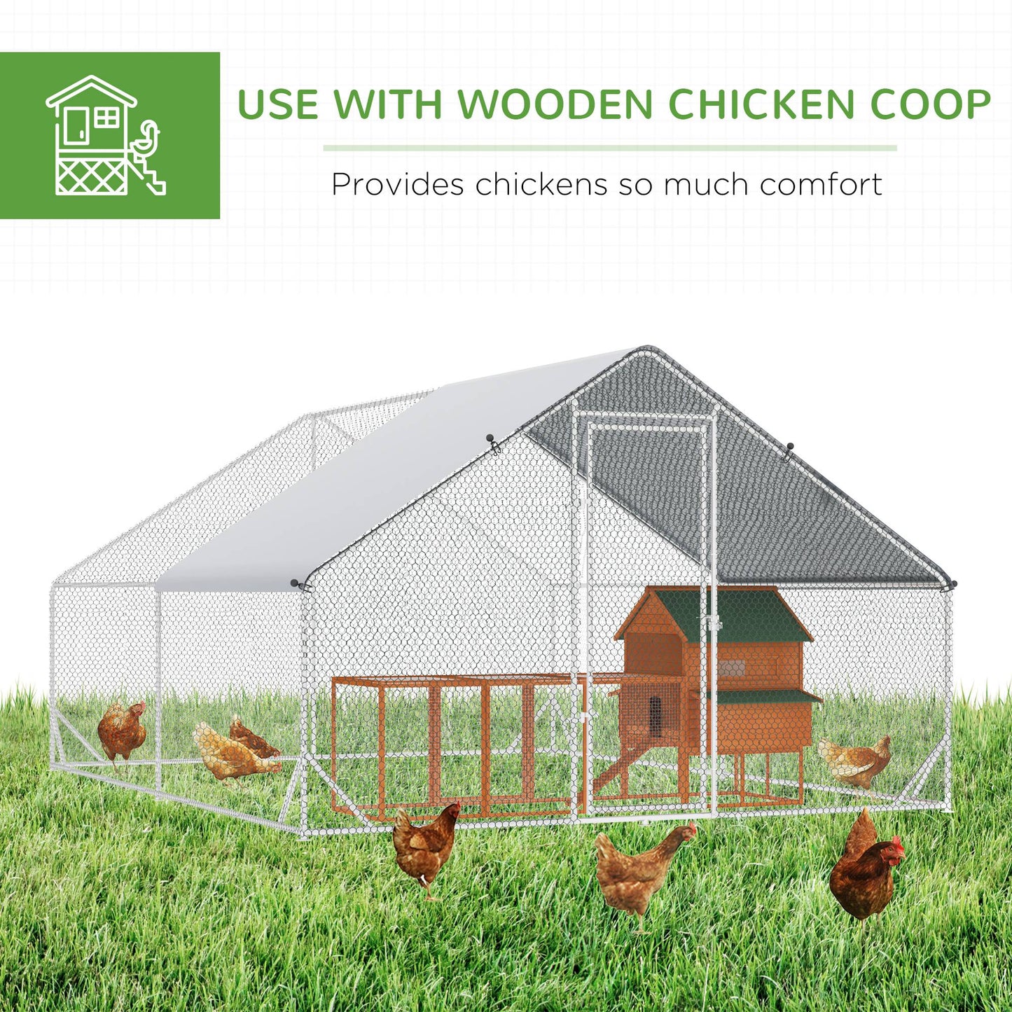 PawHut 10' x 13' x 6.5' Metal Frame Chicken Run, Outdoor Hen House with Cover & Lockable Door