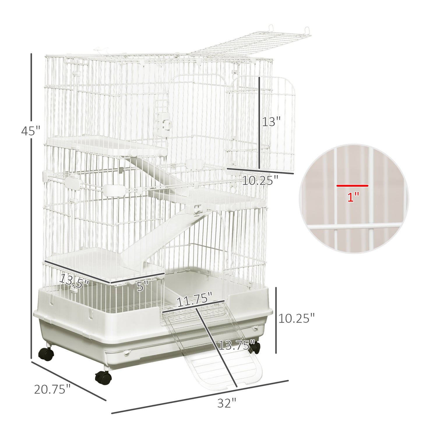 PawHut 32"L 4-Level Small Animal Cage Rabbit Hutch with Universal Lockable Wheels, Slide-out Tray for Bunny, Chinchillas, Ferret, White