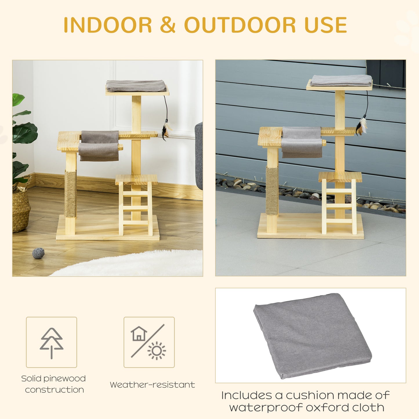 PawHut 25.5" Cat Tree Kitty Activity Center, Pinewood Climbing Toy Indoor Pet Furniture with Jute Scratching Post, Bed Perch Hanging Ladder Cushion, Natural