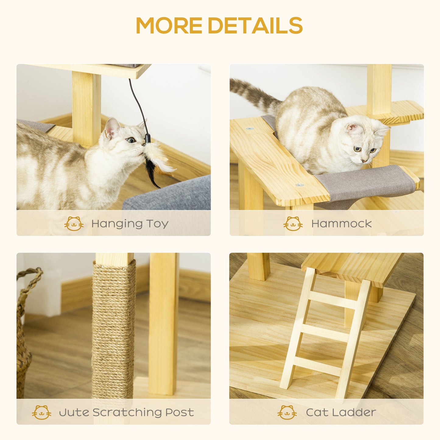 PawHut 25.5" Cat Tree Kitty Activity Center, Pinewood Climbing Toy Indoor Pet Furniture with Jute Scratching Post, Bed Perch Hanging Ladder Cushion, Natural