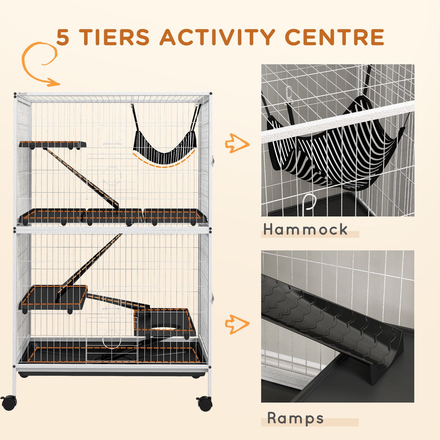 PawHut 50" H Rolling Small Animal Cage with Hammock, Ferret Cage, Chinchilla Cage, Pet Habitat, wIth 4 Doors, Removable Tray