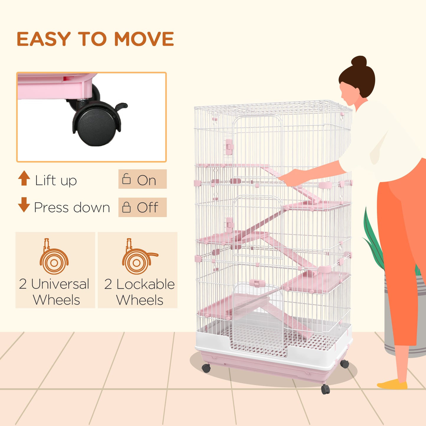 PawHut 32"L 6-Level Small Animal Cage Rabbit Hutch with Universal Lockable Wheels, Slide-out Tray for Bunny, Chinchillas, Ferret, Pink