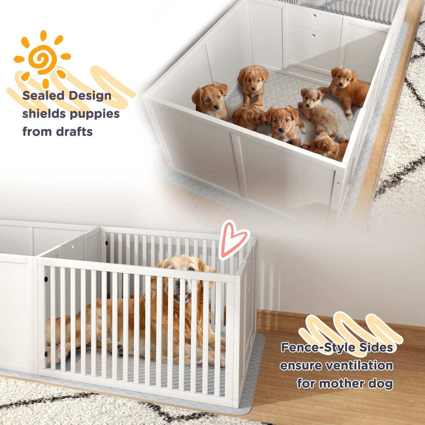 PawHut Dog Whelping Box w/ Waterproof Pee Pad & Adjustable Door for Small, Medium & Large Breed Dogs, 65" x 31.5"