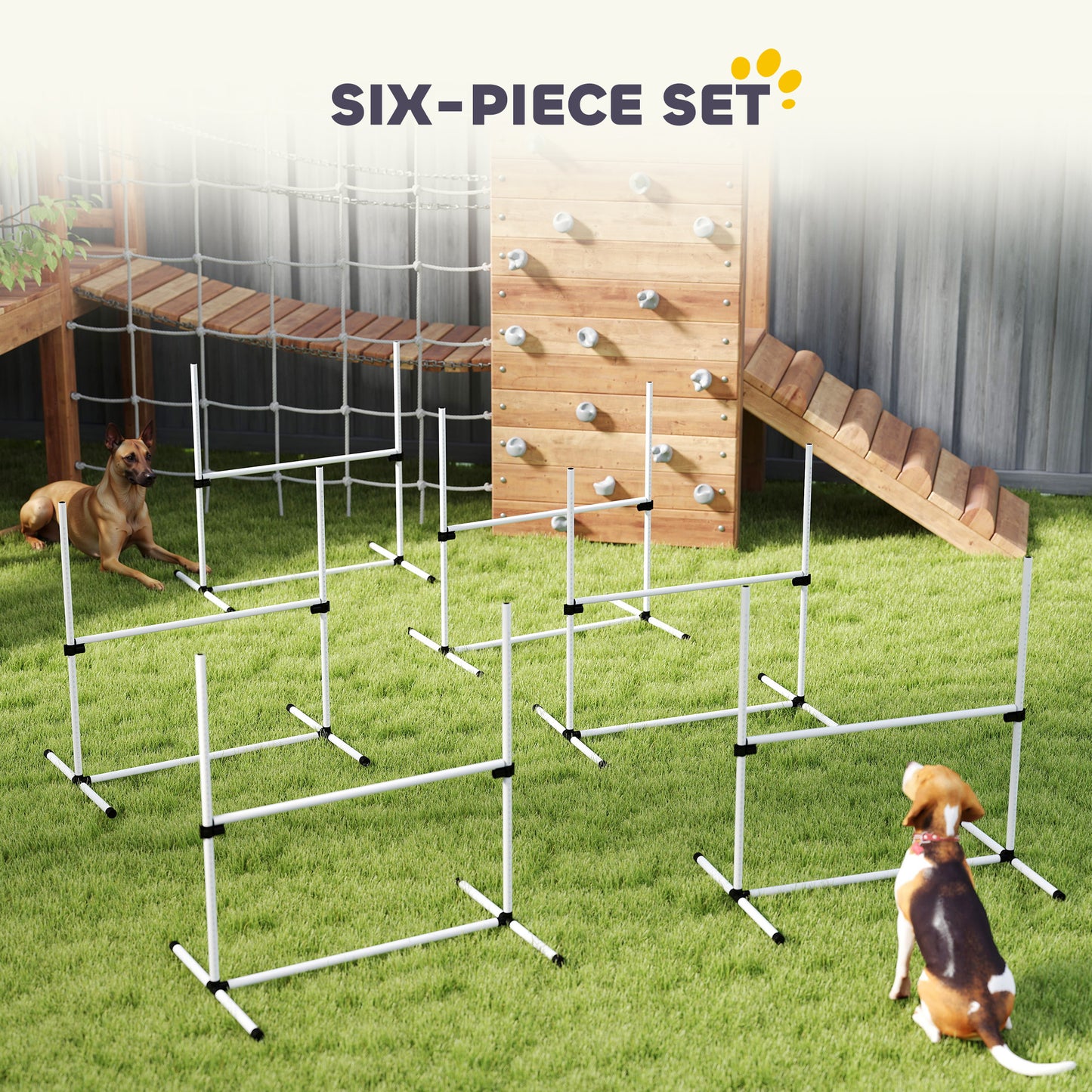 PawHut 6 Piece Dog Agility Set with Adjustable Height Jump Bars, Carry Bag, Displacing Top Bar, White