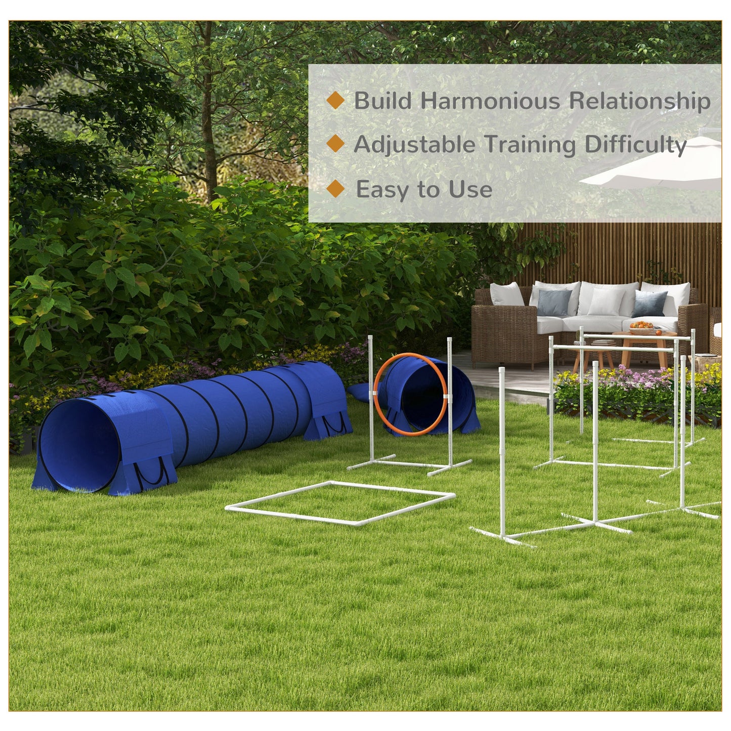 PawHut 7pc Agility Training Equipment for Dogs w/ Tunnels, Weave Poles Adjustable Hurdle, Jumping Ring, Pause Box, Blue
