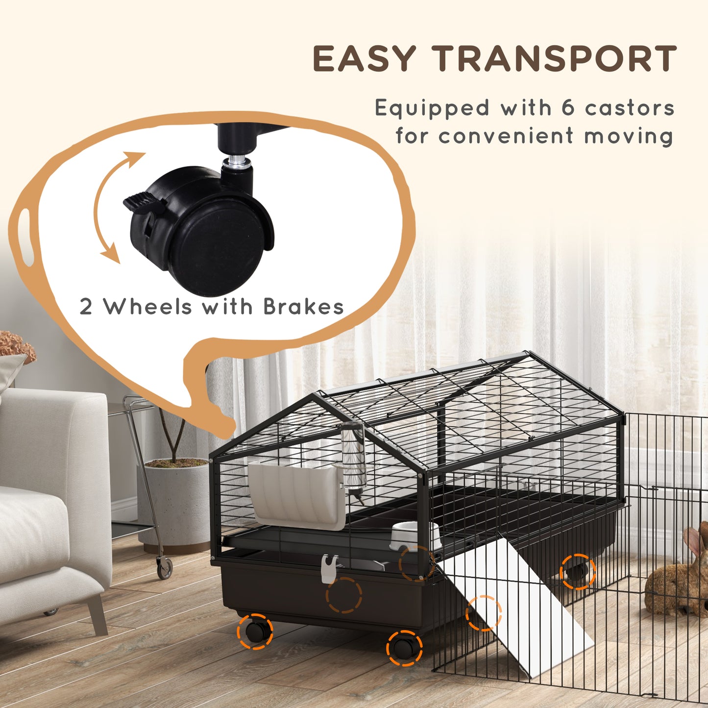 PawHut Small Animal Playpen Cage with Rolling Caster, Water Bottle 46.5"