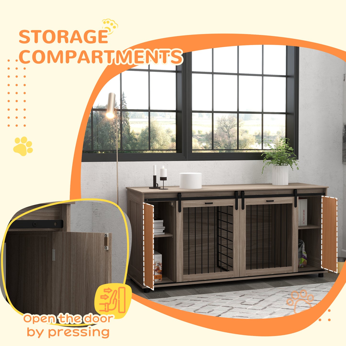 PawHut 71" Modern Dog Kennel Furniture with Removable Divider, Storage for 2 Small Dogs or 1 Large Dog, Walnut