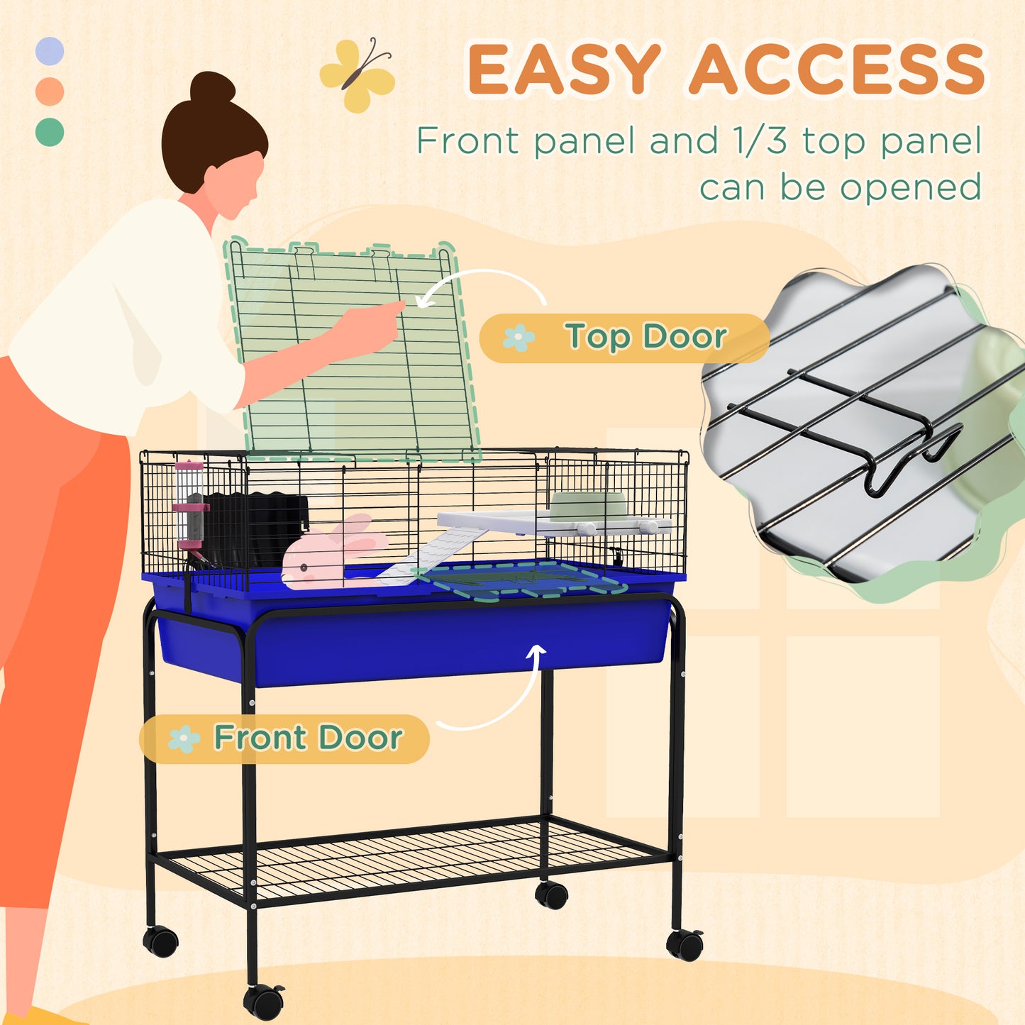 PawHut Two-Story Small Animal Cage Removable from Stand, Pet Habitat with Shelf & Wheels, 33" x 18.5" x 35", Blue