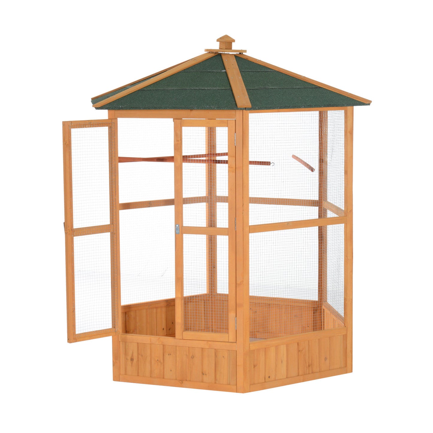 PawHut 69" Wooden Hexagonal Outdoor Aviary Flight Bird Cage With Covered Roof, Brown