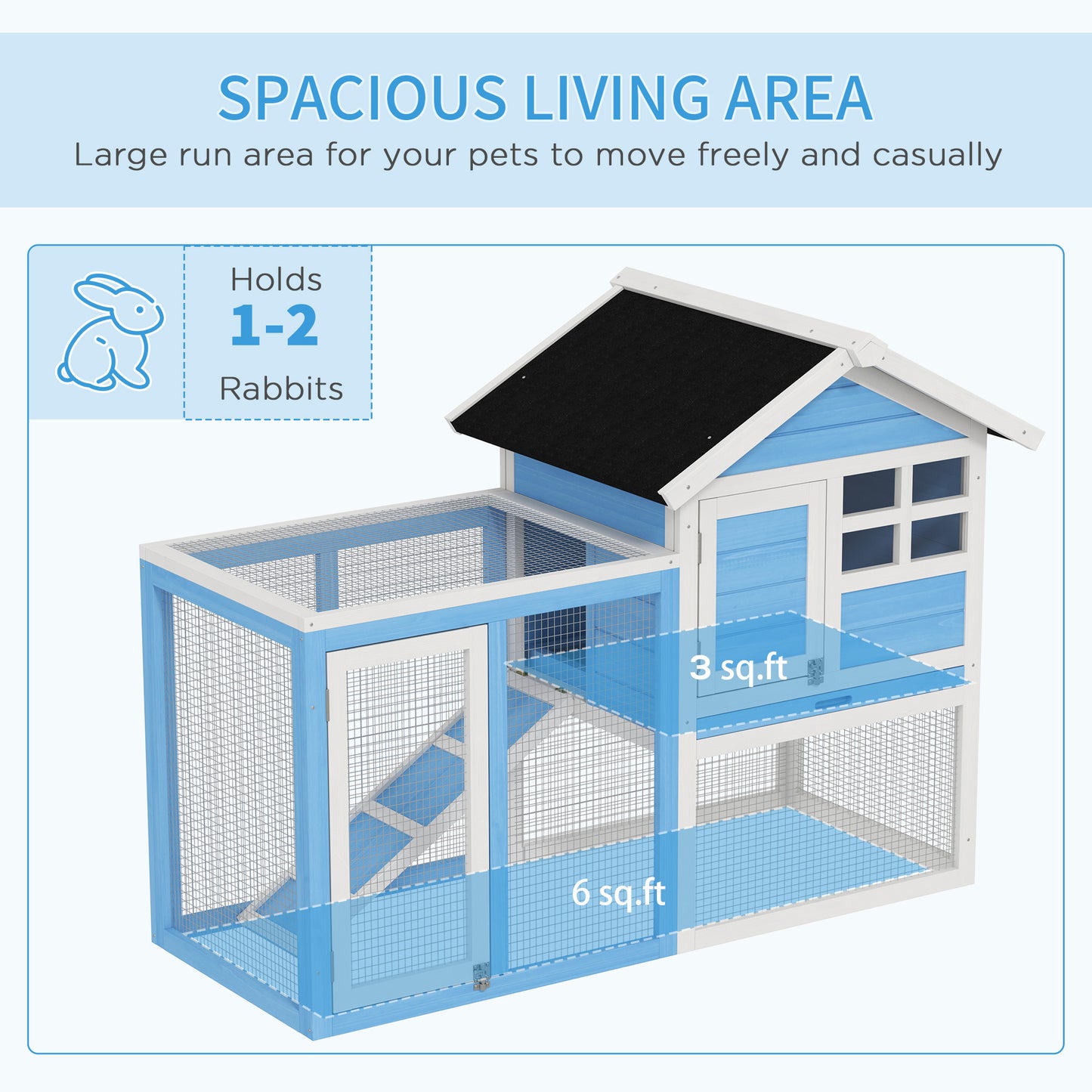 PawHut 48" Wooden Rabbit Hutch Bunny Cage with Waterproof Asphalt Roof, Fun Outdoor Run, Removable Tray and Ramp, for Rabbits, Chickens, Ducks, Light Blue