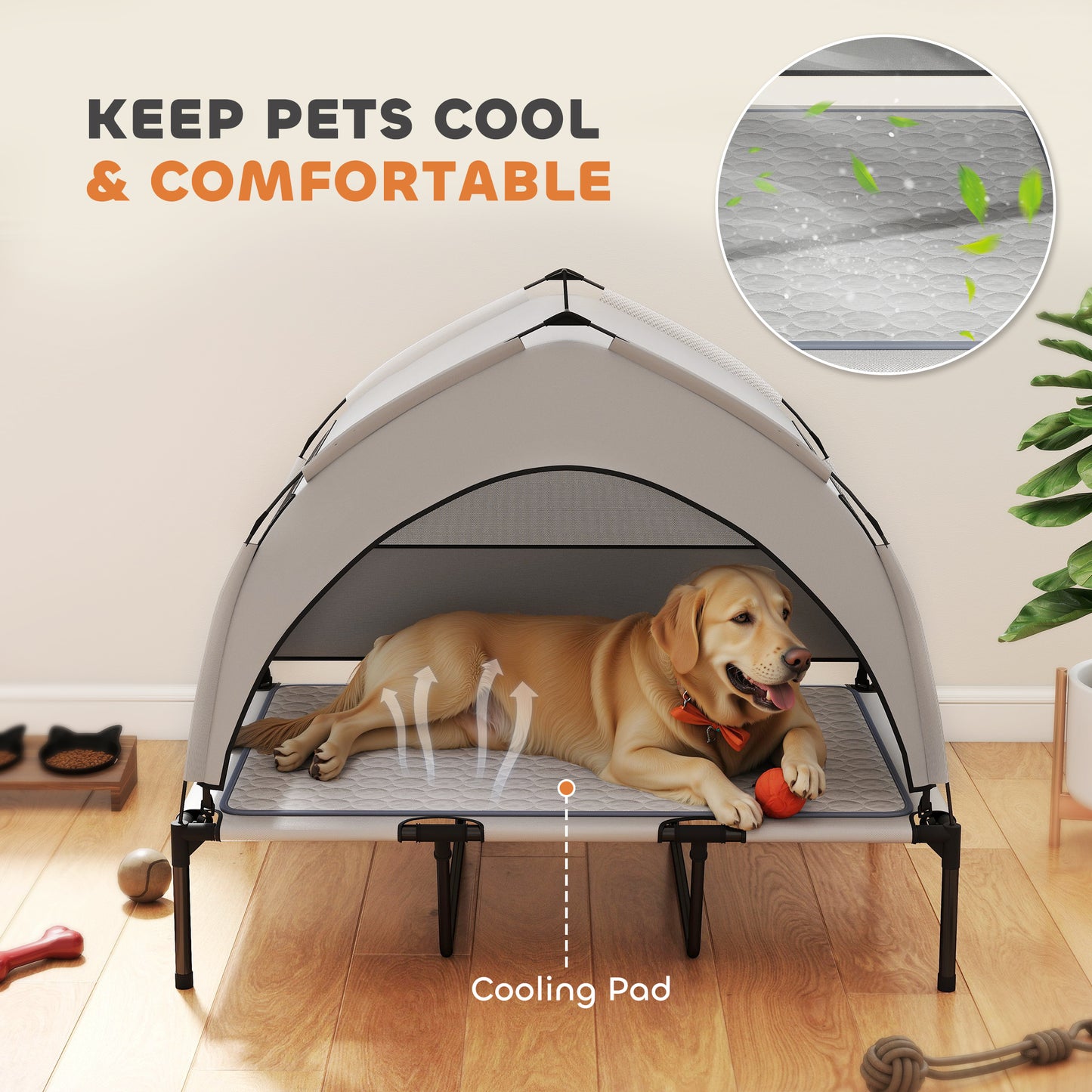 PawHut Elevated Dog Cot w/ Canopy & Cooling Pad – Gray (42")