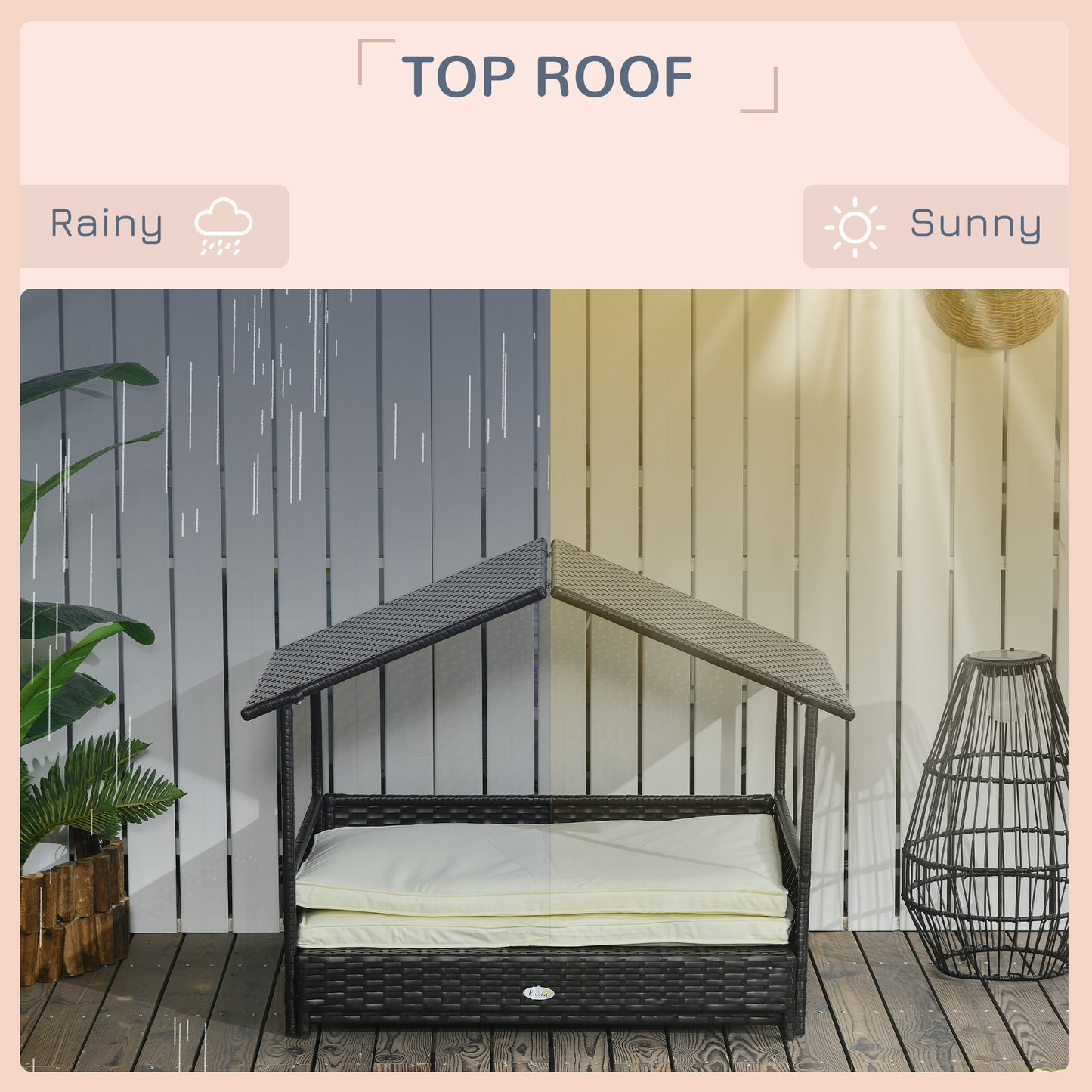 PawHut Outdoor Dog Bed Extendable Wicker Dog Bed w/ Waterproof Roof, Soft Cushion, for Small and Medium Dogs, Cream White