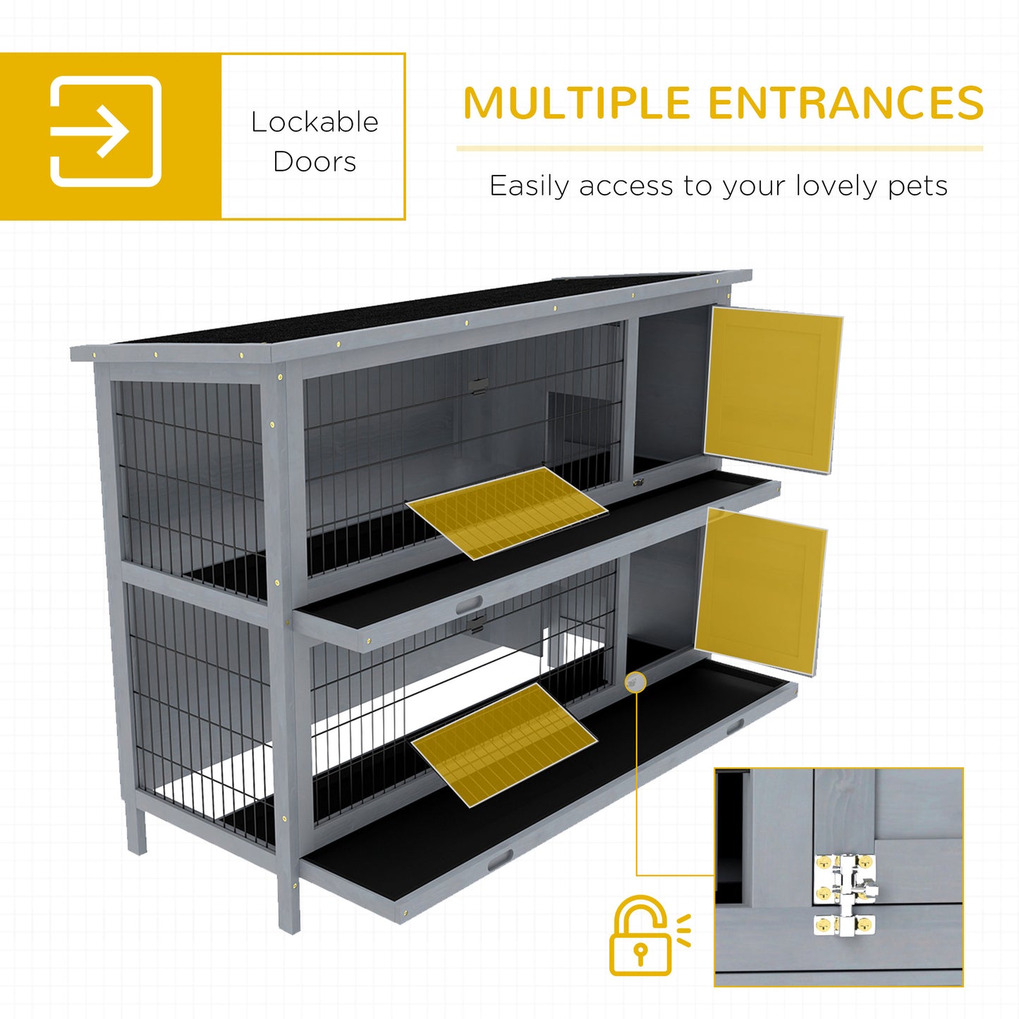 PawHut 54" 2-Story Large Rabbit Hutch Bunny Cage Wooden Pet House Small Animal Habitat with Lockable Doors, No Leak Tray and waterproof Roof for Rabbits, Chickens, Ducks, Outdoor/Indoor Gray