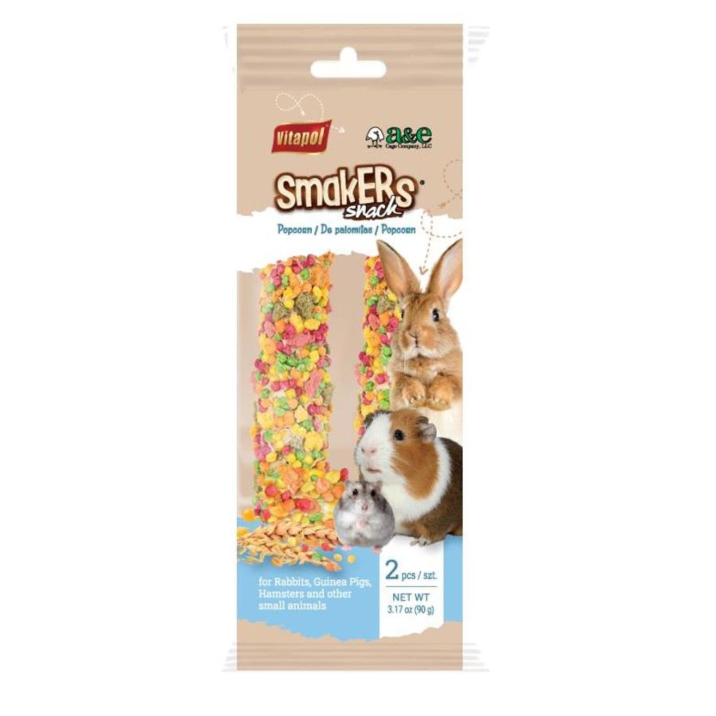 A E Cages Vitapol Smakers Small Animal Treat Stick Popcorn, 6ea/2 pk