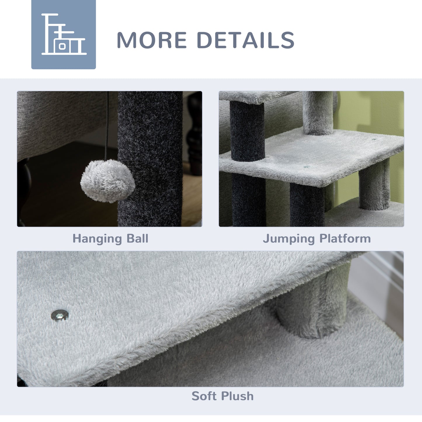 PawHut Adjustable Height 3 Step/4 Step Cat Stairs with Cat Scratching Post, Cat Condo, Toy Ball, for Bed, Sofa, Couch, Gray