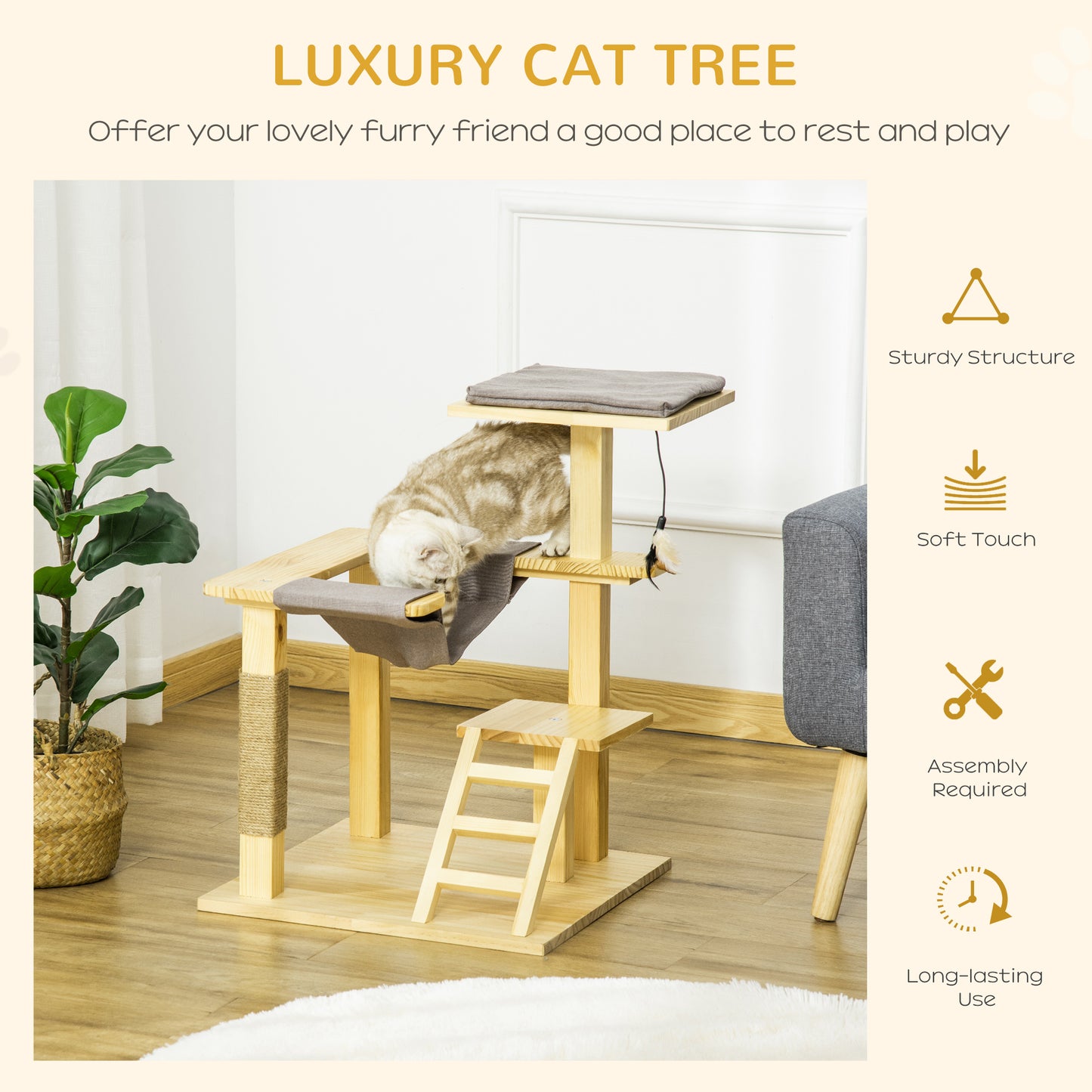 PawHut 25.5" Cat Tree Kitty Activity Center, Pinewood Climbing Toy Indoor Pet Furniture with Jute Scratching Post, Bed Perch Hanging Ladder Cushion, Natural